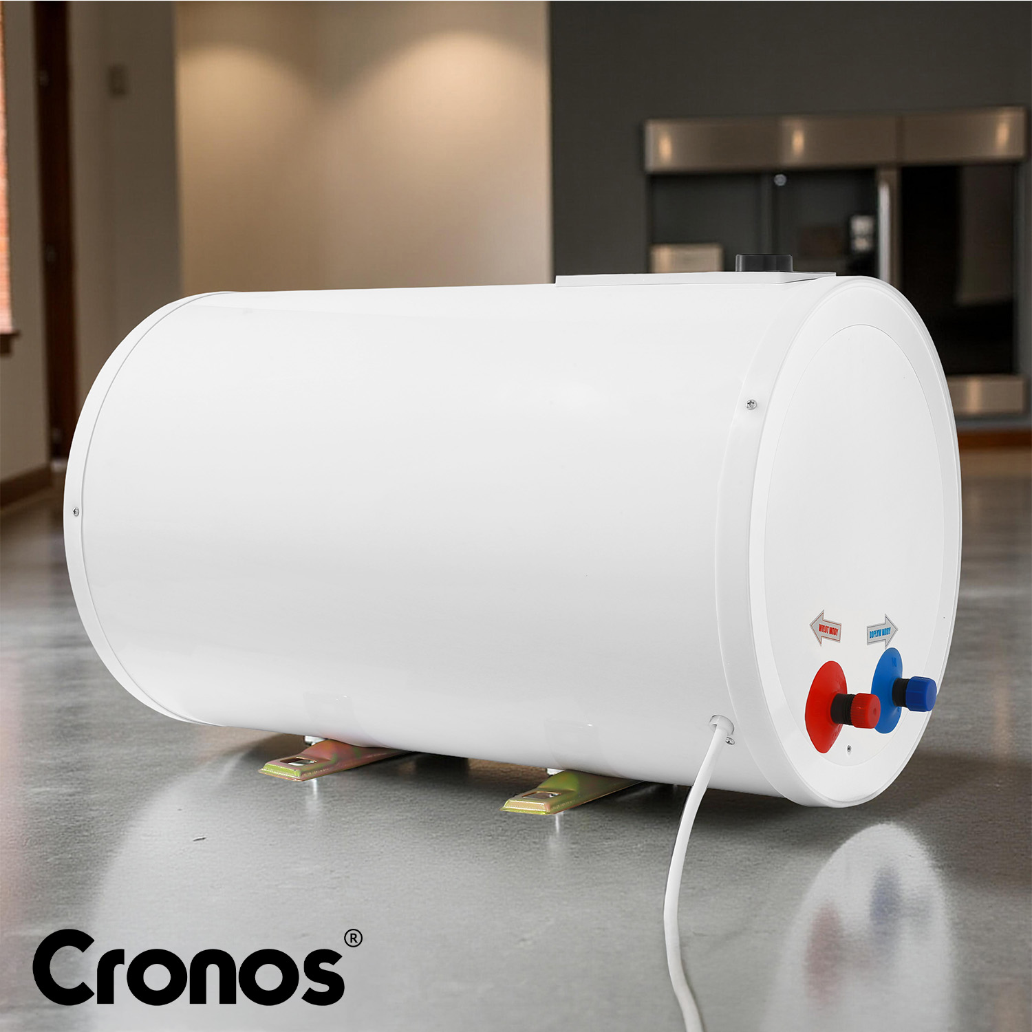 Cronos YA-001 bojler w pozycji poziomej z przyłączami wody WYLOT DOPŁYW