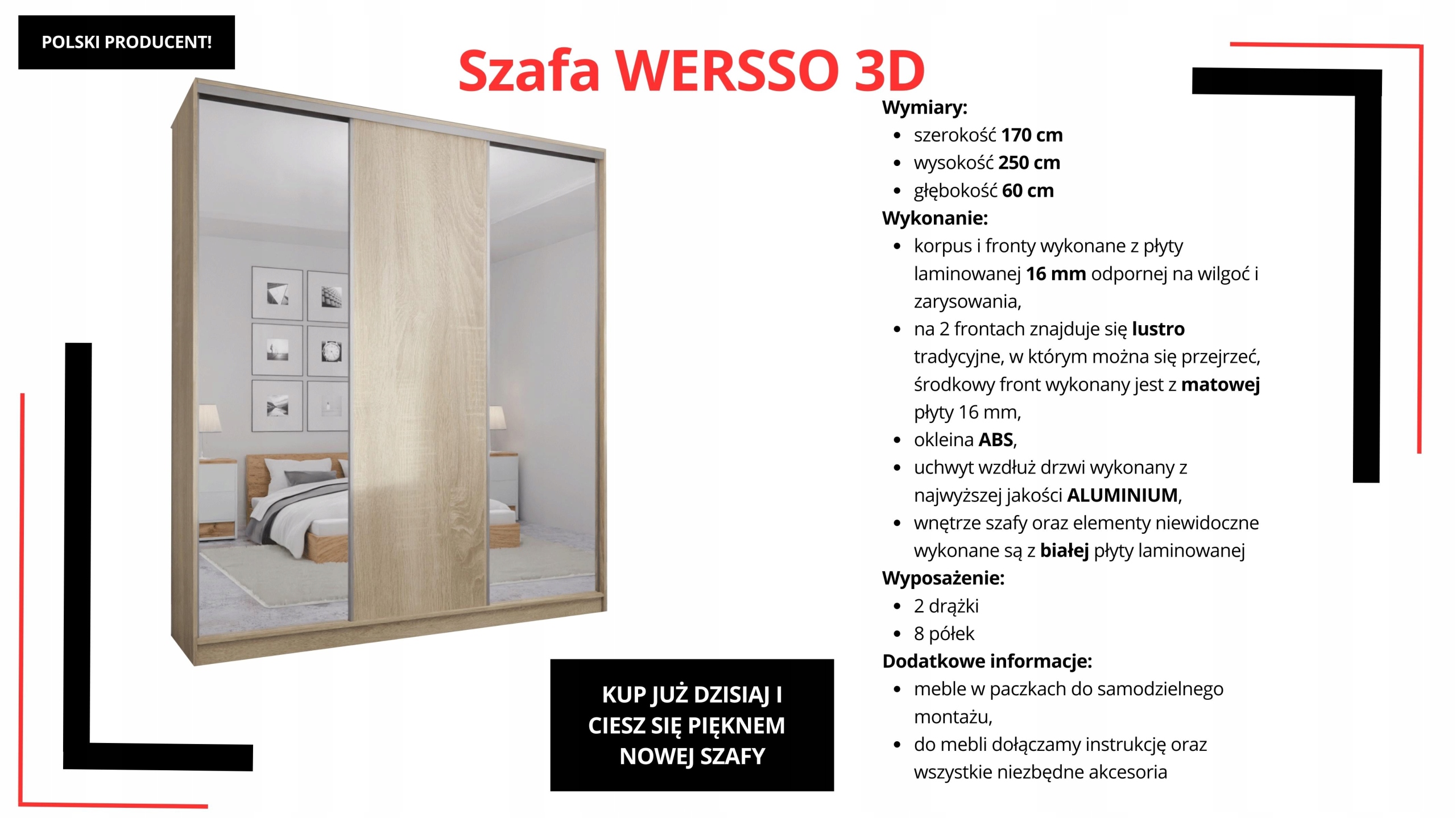 SZAFA PRZESUWNA 170 x 250 3D MAX SONOMA + 2 LUSTRA