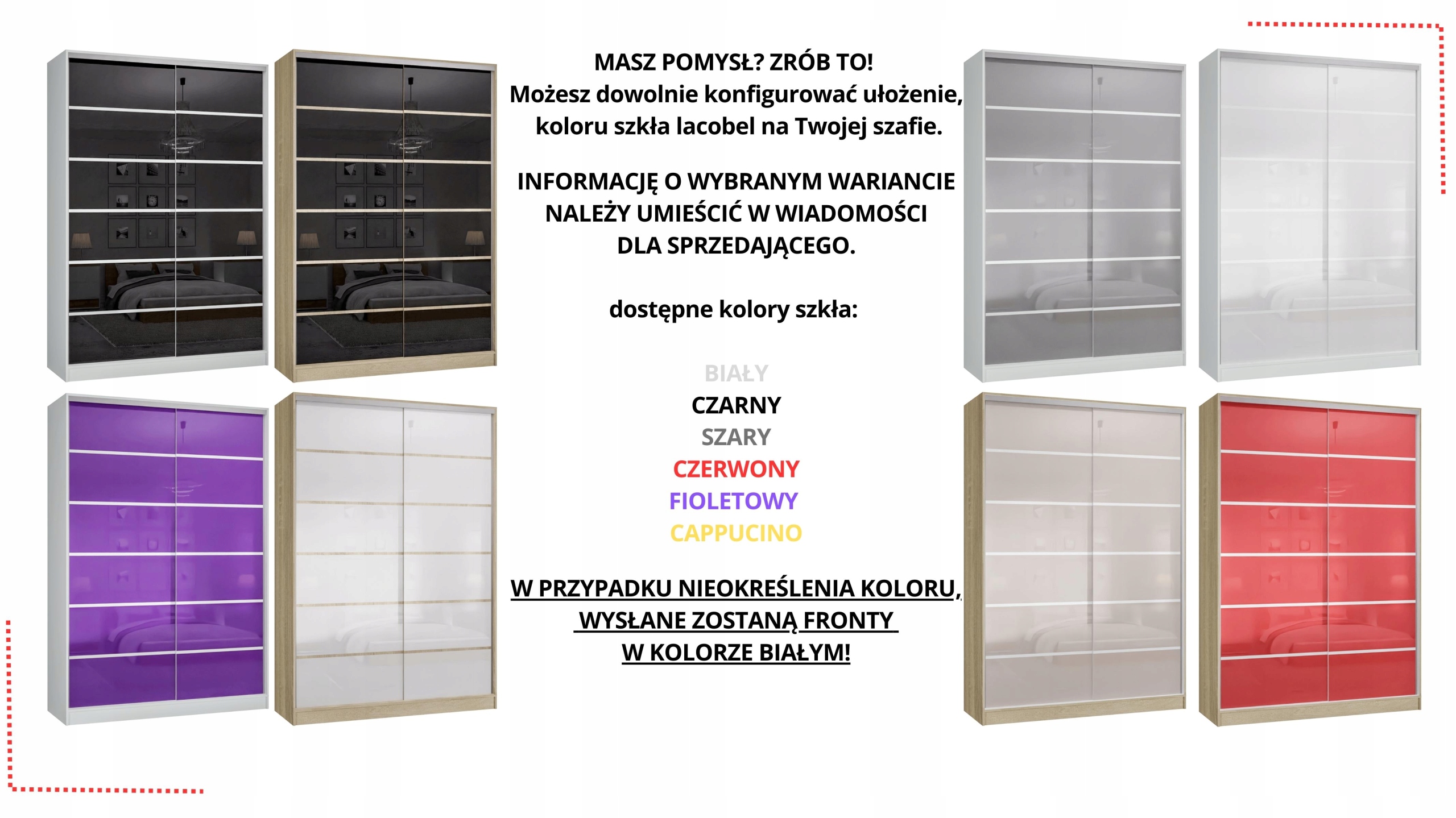 SZAFA PRZESUWNA 140 x 250 BIAŁA LACOBEL CZERWONY