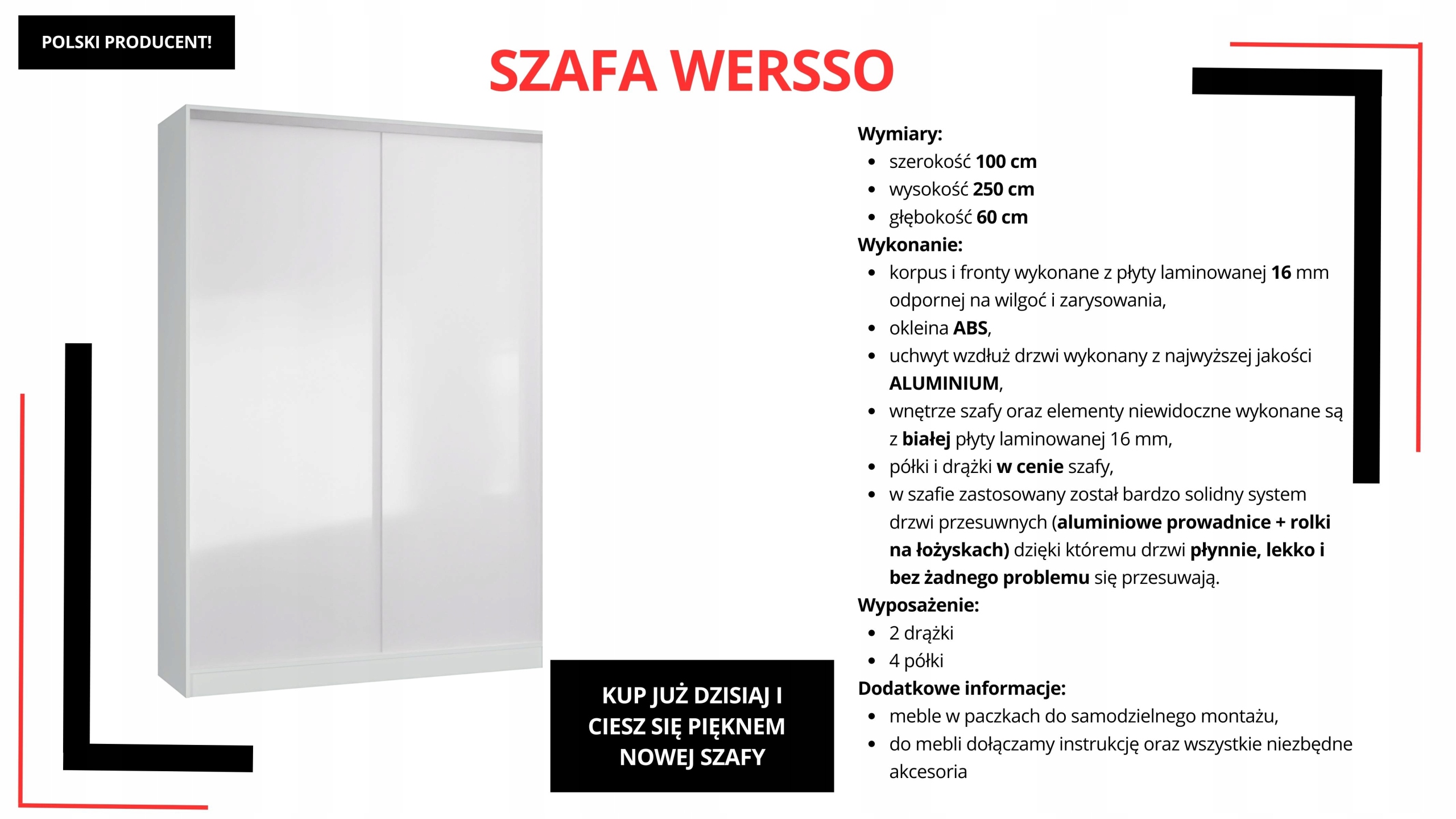 SZAFA PRZESUWNA STANDARD 100 x 250 BIAŁA PRODUCENT