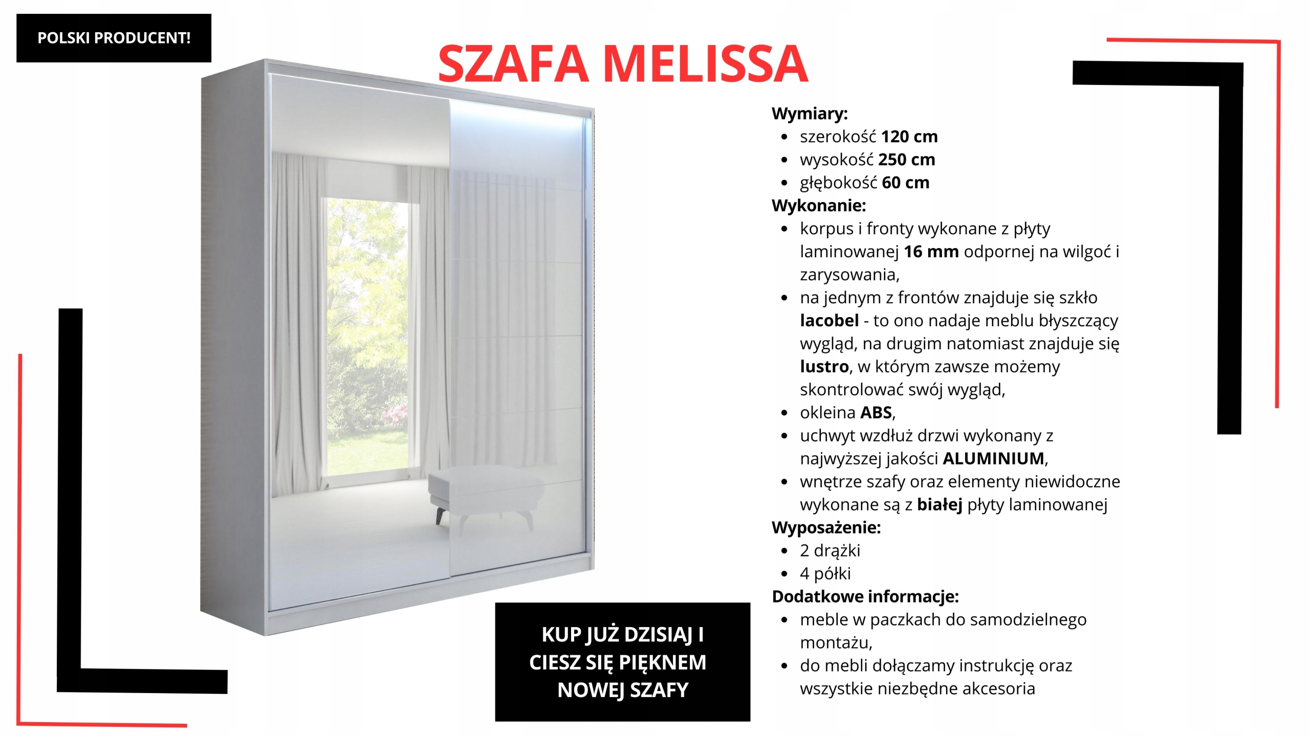 SZAFA PRZESUWNA 120 x 250 BIAŁA LUSTRO - LACOBEL