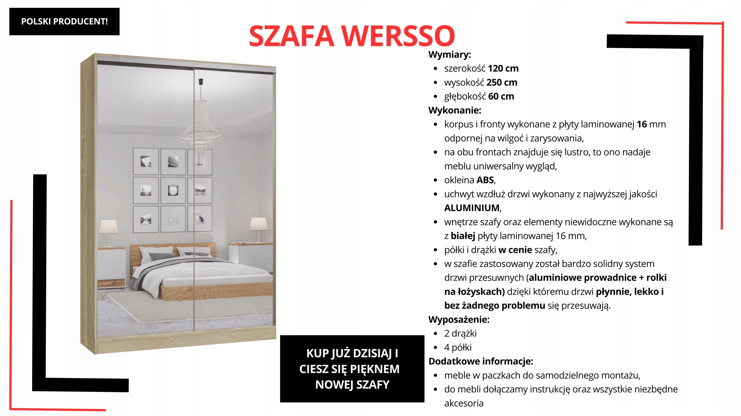 SZAFA PRZESUWNA STANDARD 120 x 250 SONOMA LUSTRO P