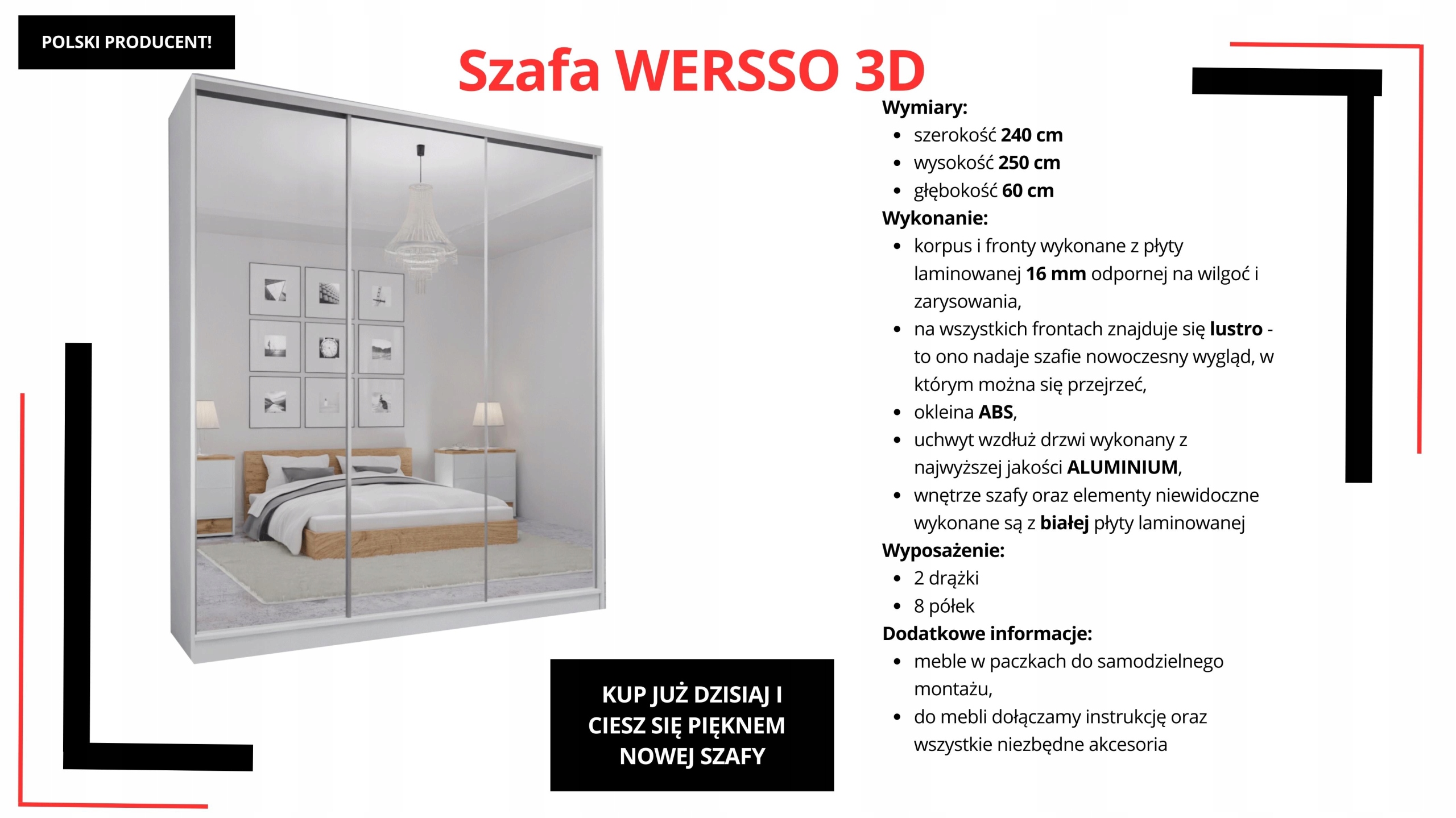 SZAFA PRZESUWNA 240 x 250 3D MAX - BIAŁA LUSTRO P