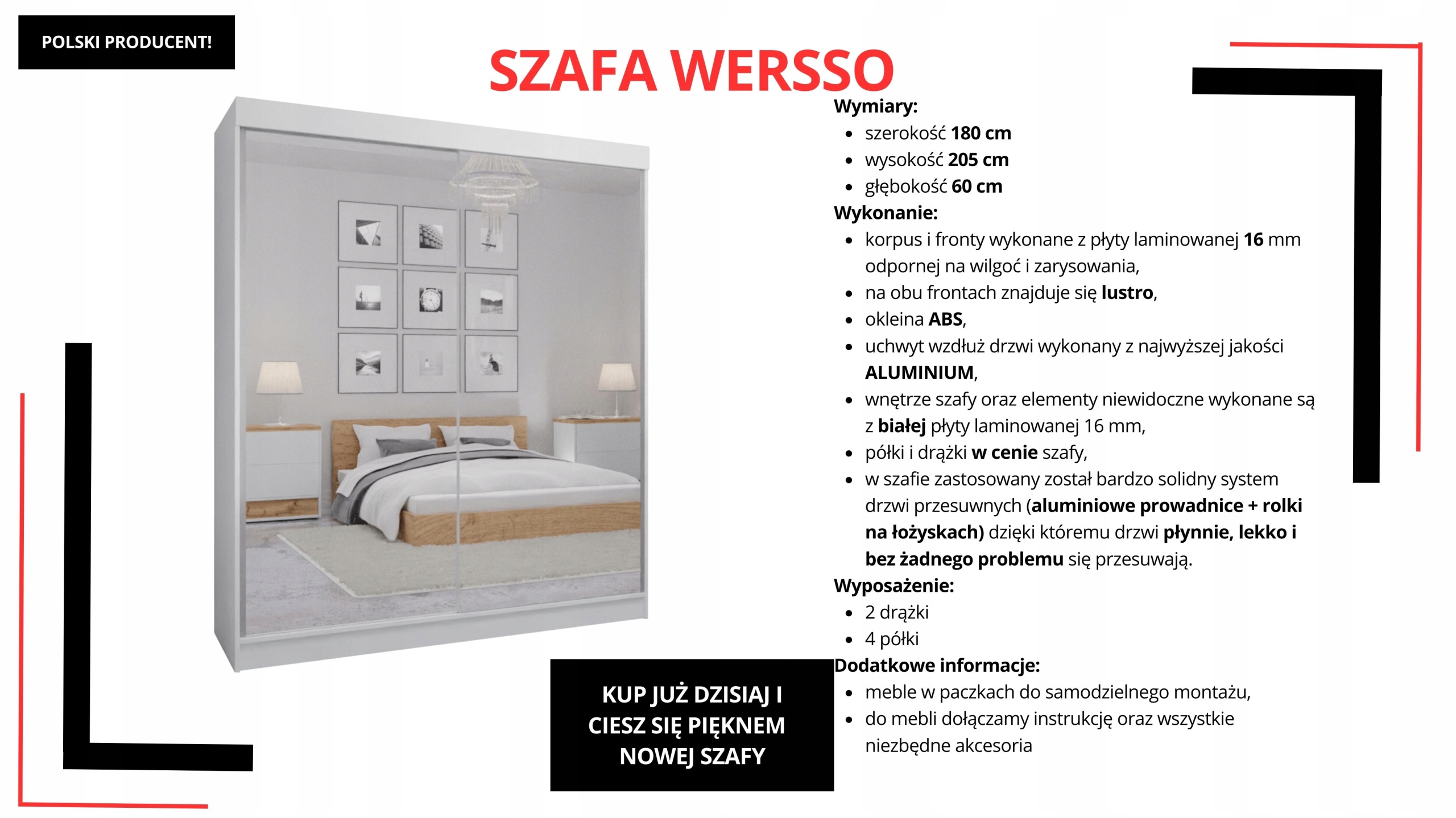 SZAFA PRZESUWNA STANDARD 180 x 205 BIAŁA LUSTRO P