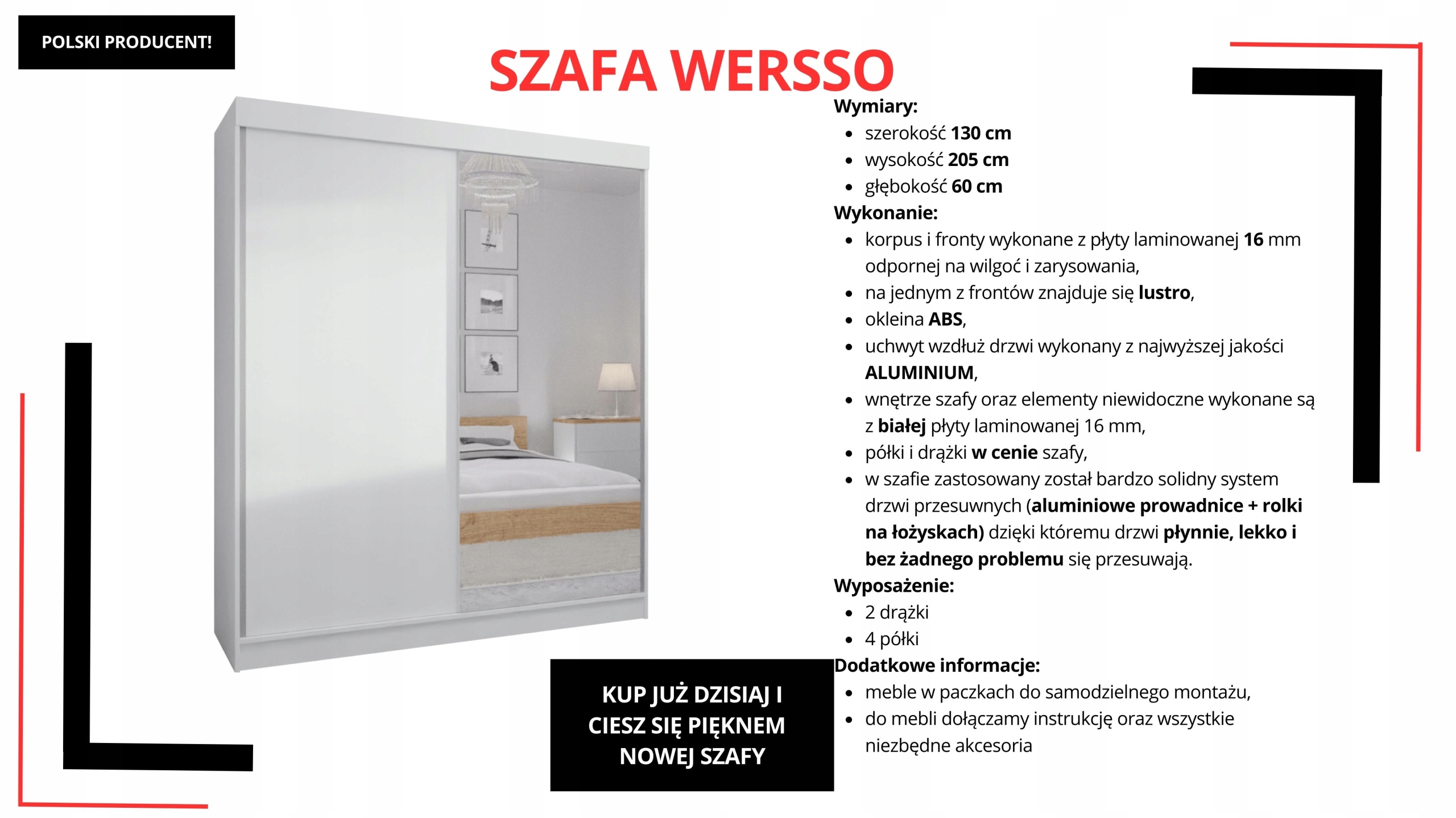 SZAFA PRZESUWNA STANDARD 130 x 205 BIAŁA + LUSTRO