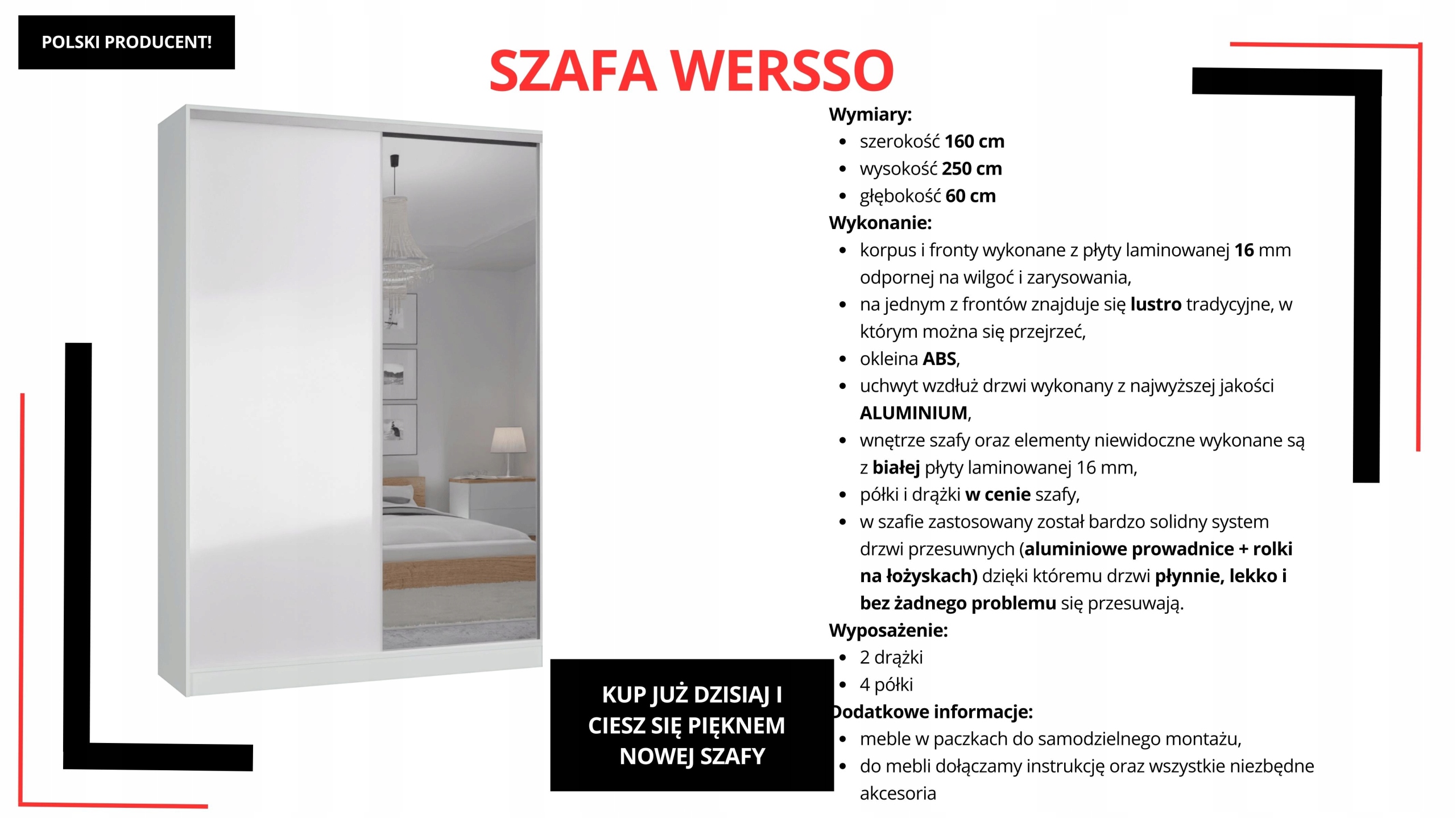 SZAFA PRZESUWNA STANDARD 160 x 250 BIAŁA Z LUSTREM