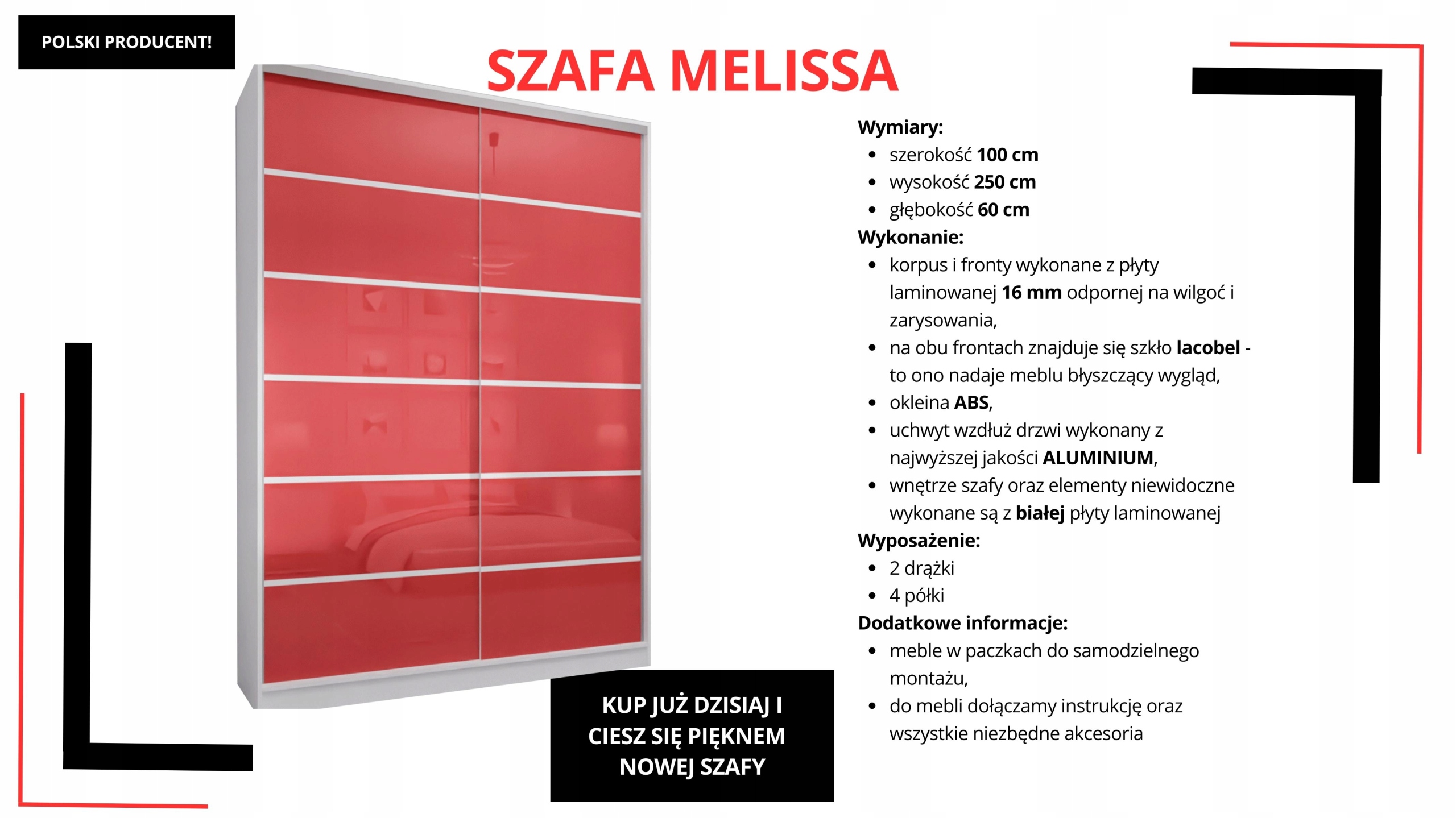 SZAFA PRZESUWNA 100 x 250 BIAŁA LACOBEL CZERWONY