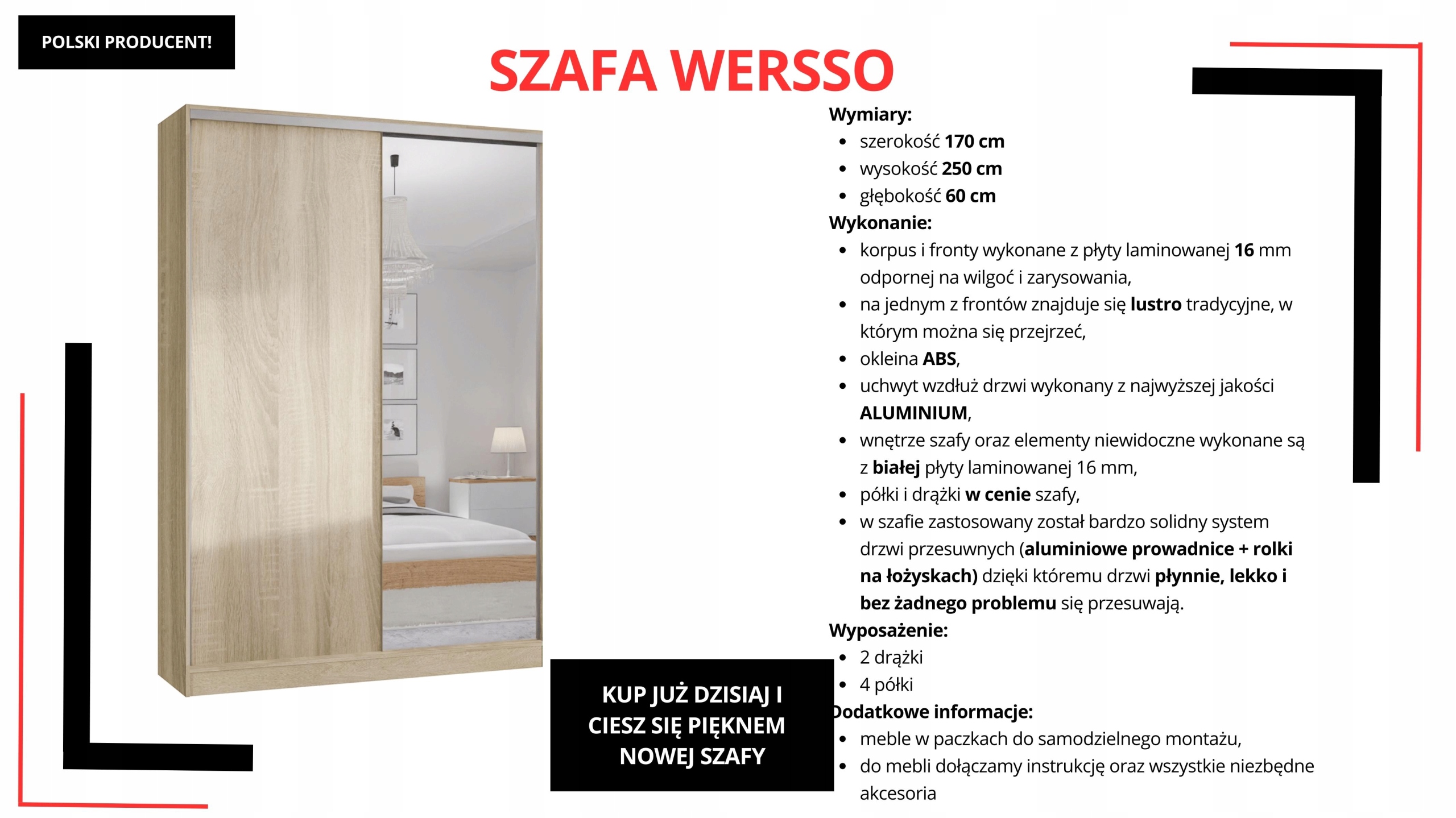 SZAFA PRZESUWNA STANDARD 170 x 250 SONOMA + LUSTRO