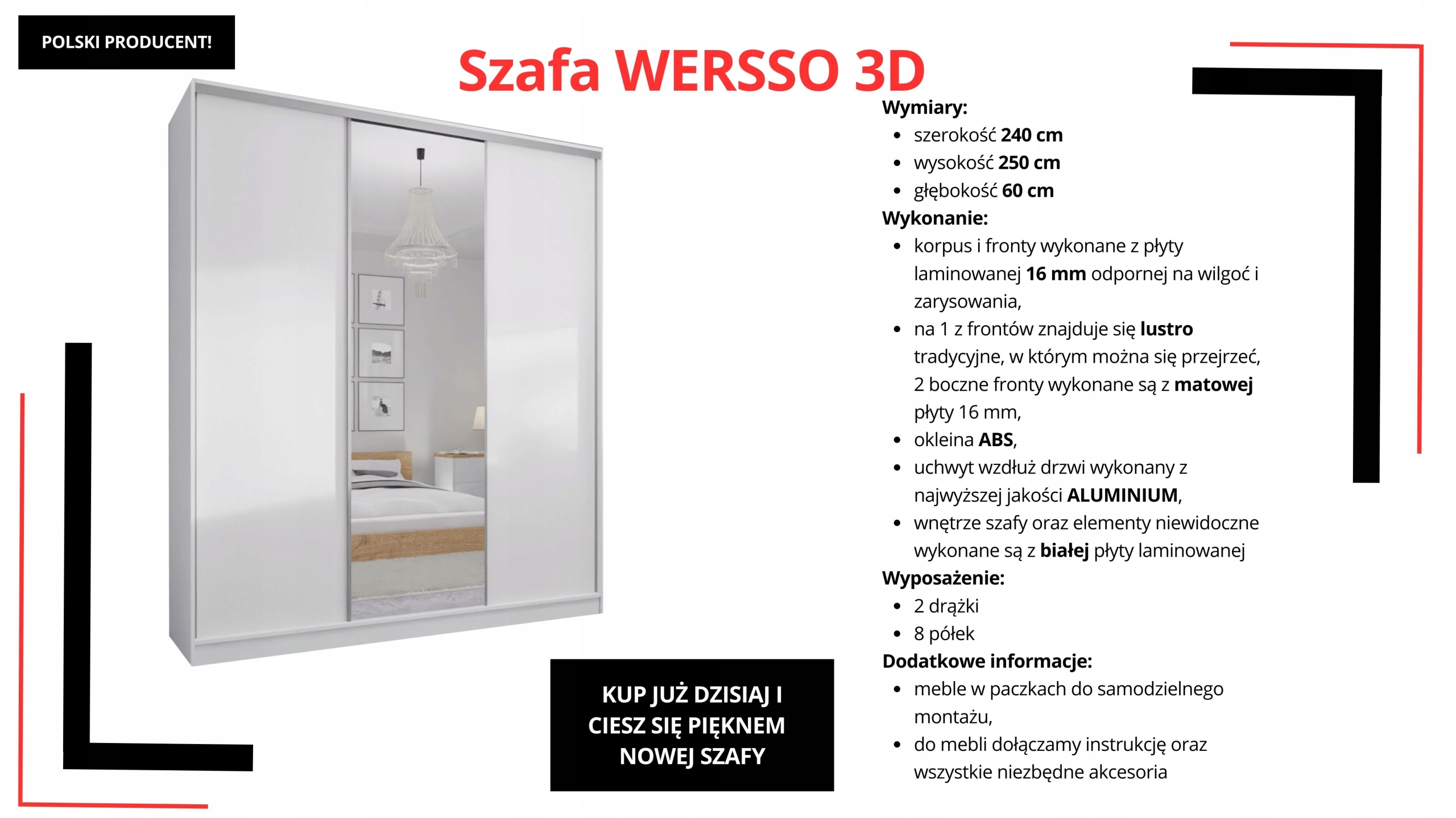 SZAFA PRZESUWNA 240 x 250 3D MAX - BIAŁA + LUSTRO