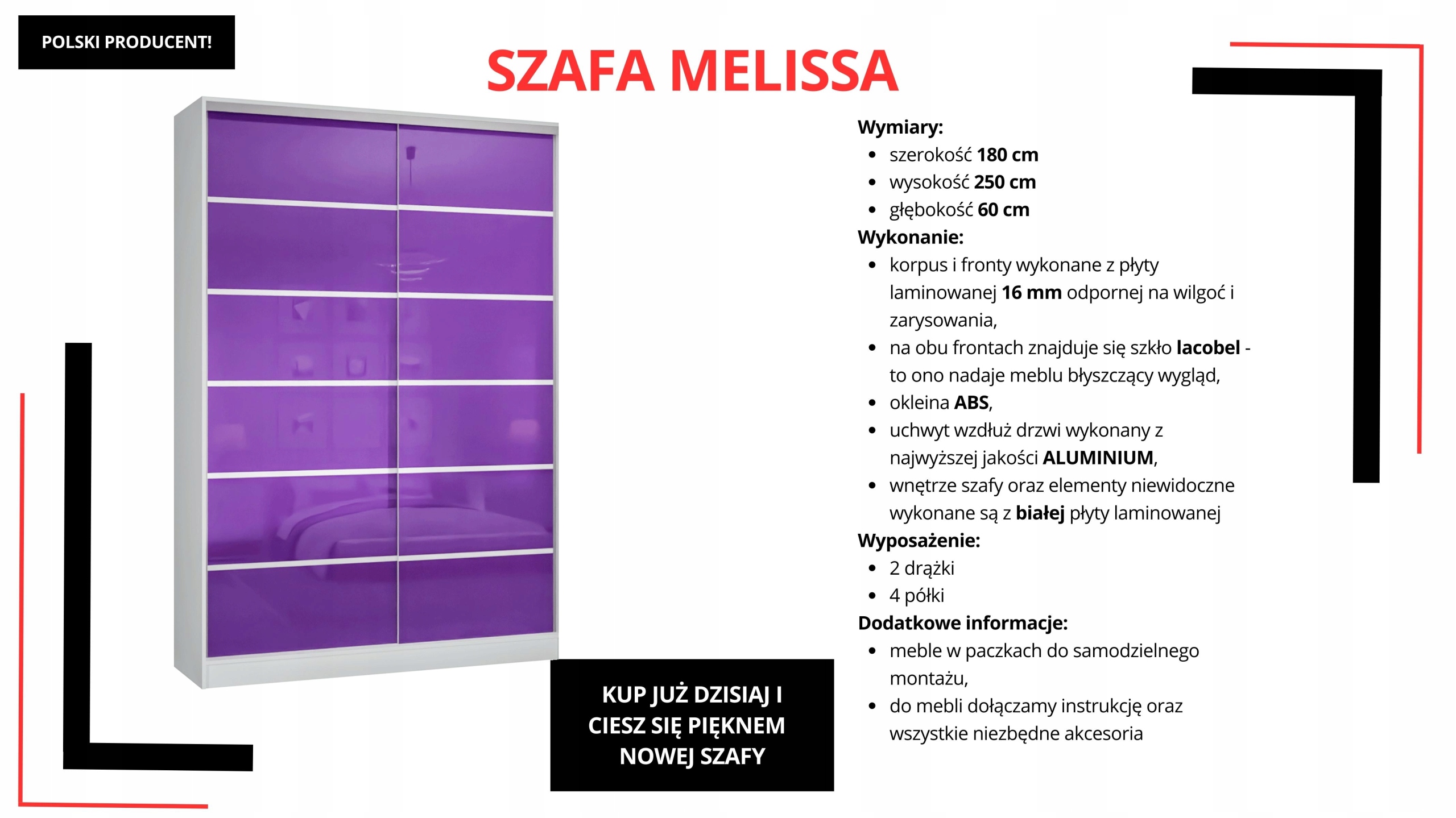 SZAFA PRZESUWNA 180 x 250 BIAŁA LACOBEL FIOLETOWY