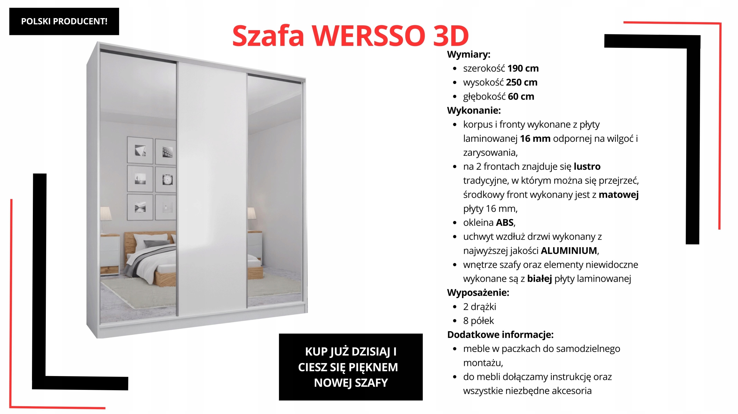 SZAFA PRZESUWNA 190 x 250 3D MAX BIAŁA + 2 LUSTRA
