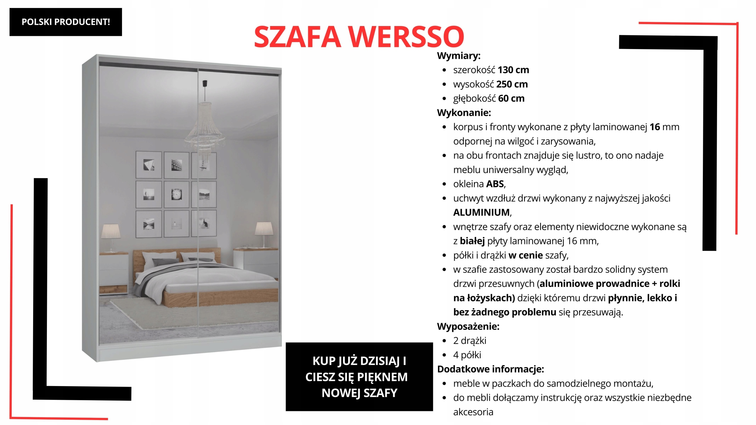 SZAFA PRZESUWNA STANDARD 130 x 250 BIAŁA LUSTRO P