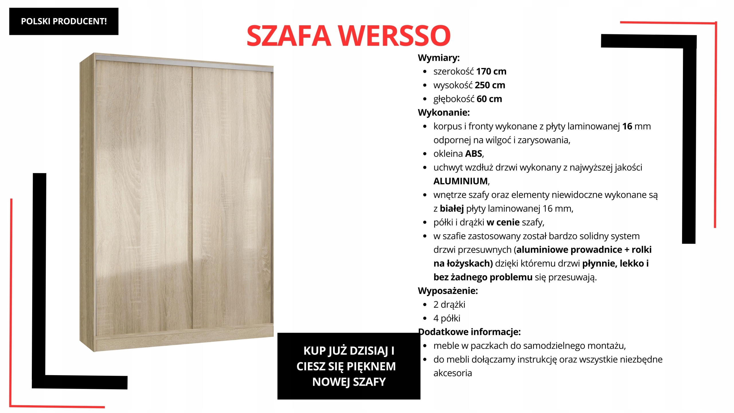 SZAFA PRZESUWNA STANDARD 170 x 250 DĄB SONOMA