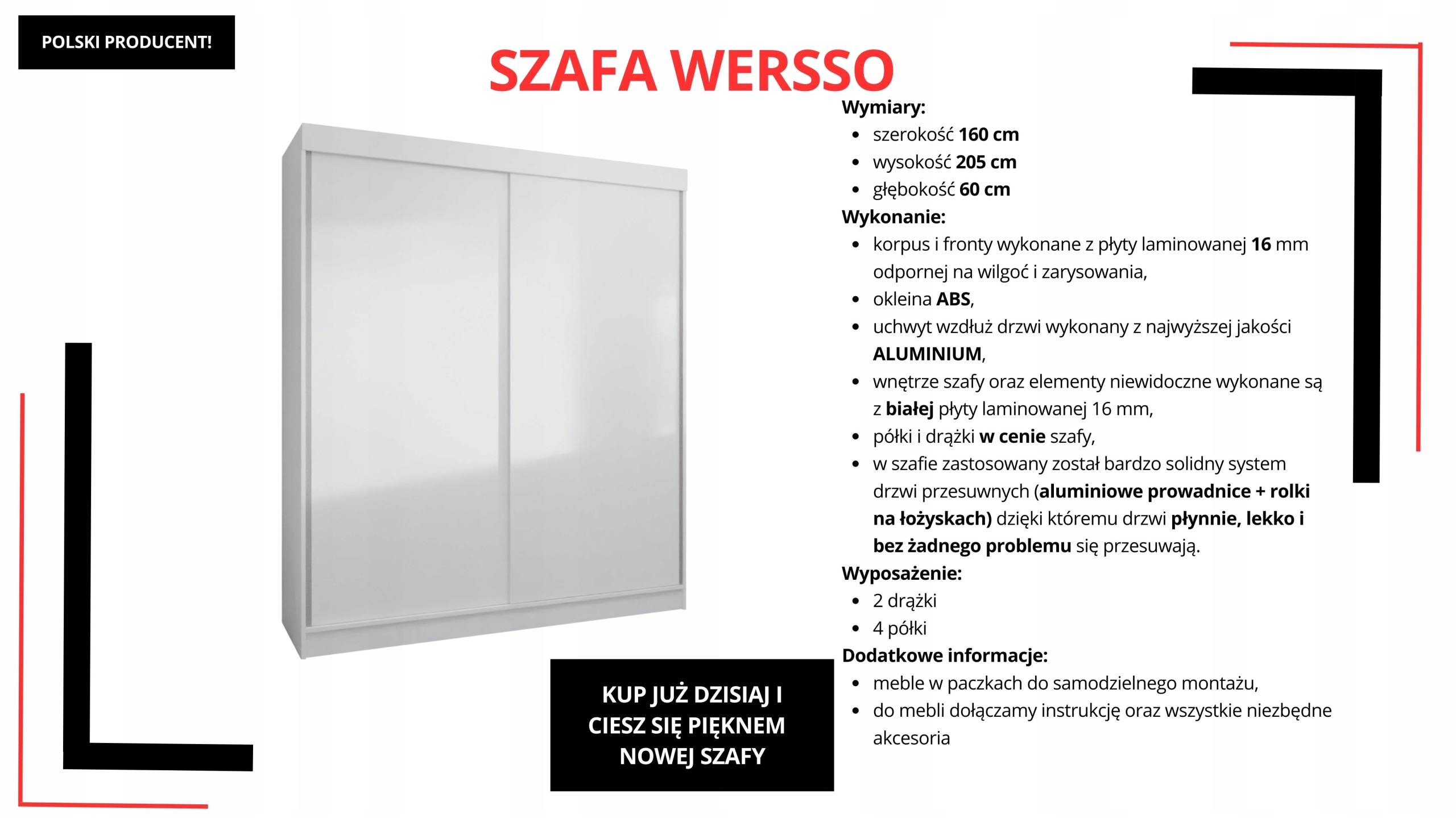 SZAFA PRZESUWNA STANDARD 160 x 205 BIAŁA PRODUCENT
