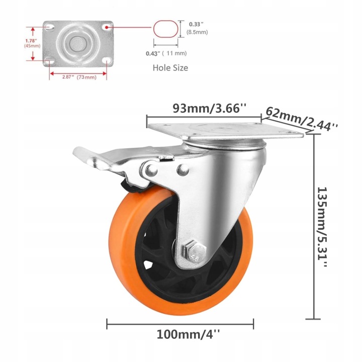 4X OBROTOWE KÓŁKA PRZEMYSŁOWE Z HAMULCEM DO DUŻYCH OBCIĄŻEŃ 100MM PVC - miniatura 7
