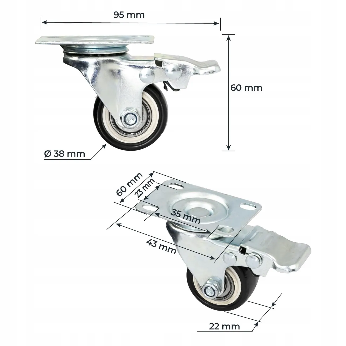 4X KÓŁKA OBROTOWE DO WÓZKÓW MAGAZYNOWYCH Z HAMULCEM SKRĘTNE 38MM PVC - miniatura 5