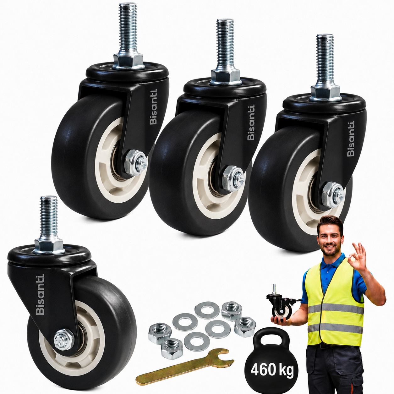 OBROTOWE kółka 75 mm zestaw 4 szt. do 460 kg TRZPIEŃ Gwint M12x30 mm Bisanti - zdjęcie 1