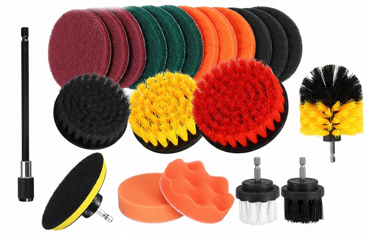 MEGA ZESTAW 23SZT DO CZYSZCZENIA MYCIA TAPICERKI SZCZOTKI NA WIERTARKĘ PADY 2