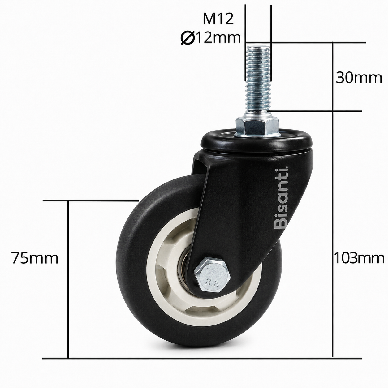 OBROTOWE kółka 75 mm zestaw 4 szt. do 460 kg TRZPIEŃ Gwint M12x30 mm Bisanti - miniatura 5