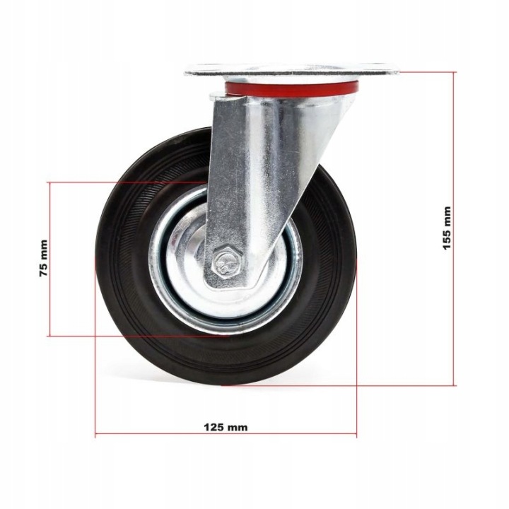KÓŁKA OBROTOWE JEZDNE 125mm KOŁA METALOWO GUMOWE Z HAMULCEM DO WÓZKÓW PVC - miniatura 3