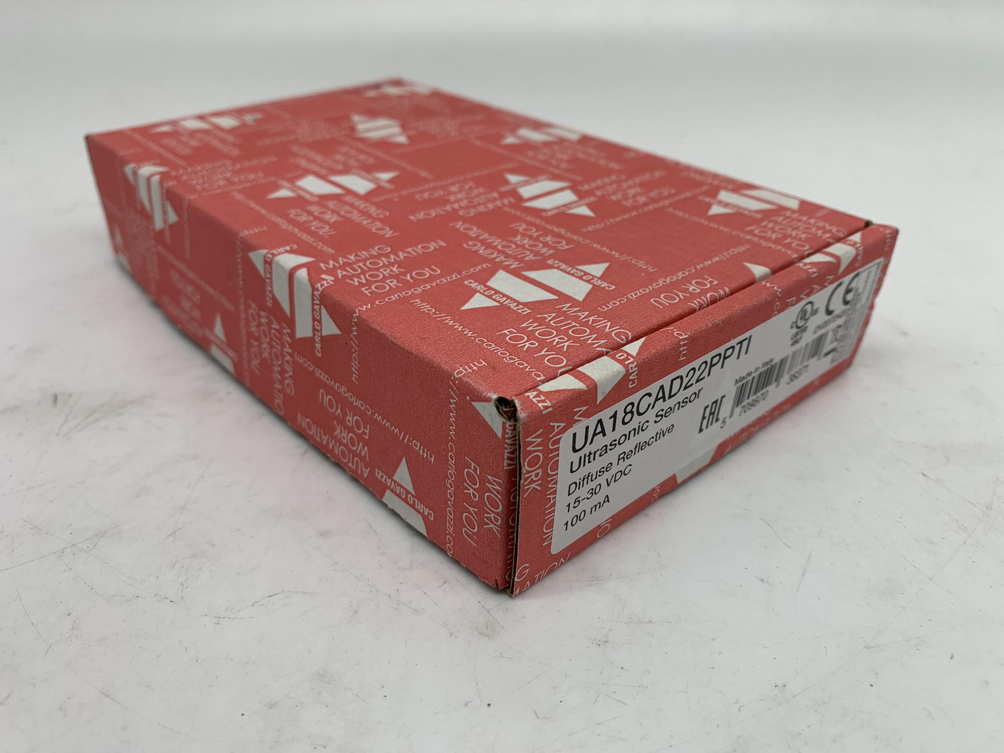 Carlo Gavazzi UA18CAD22PPTI Ultrasonic Sensor, Diffuse Reflective, Digital Output - Ultrasonic Sensor, Diffuse Reflective, M18 PBT housing, M12 Connector, Sn 200-2200mm, PNP Output x2, Supply Voltage 15-30VDC, Current Output 500mA, Operating Temperature -20-60C, Response Time< 500mS, Switching Frequency 1Hz, IP67, Teach-in — Allgemeines Zubehör