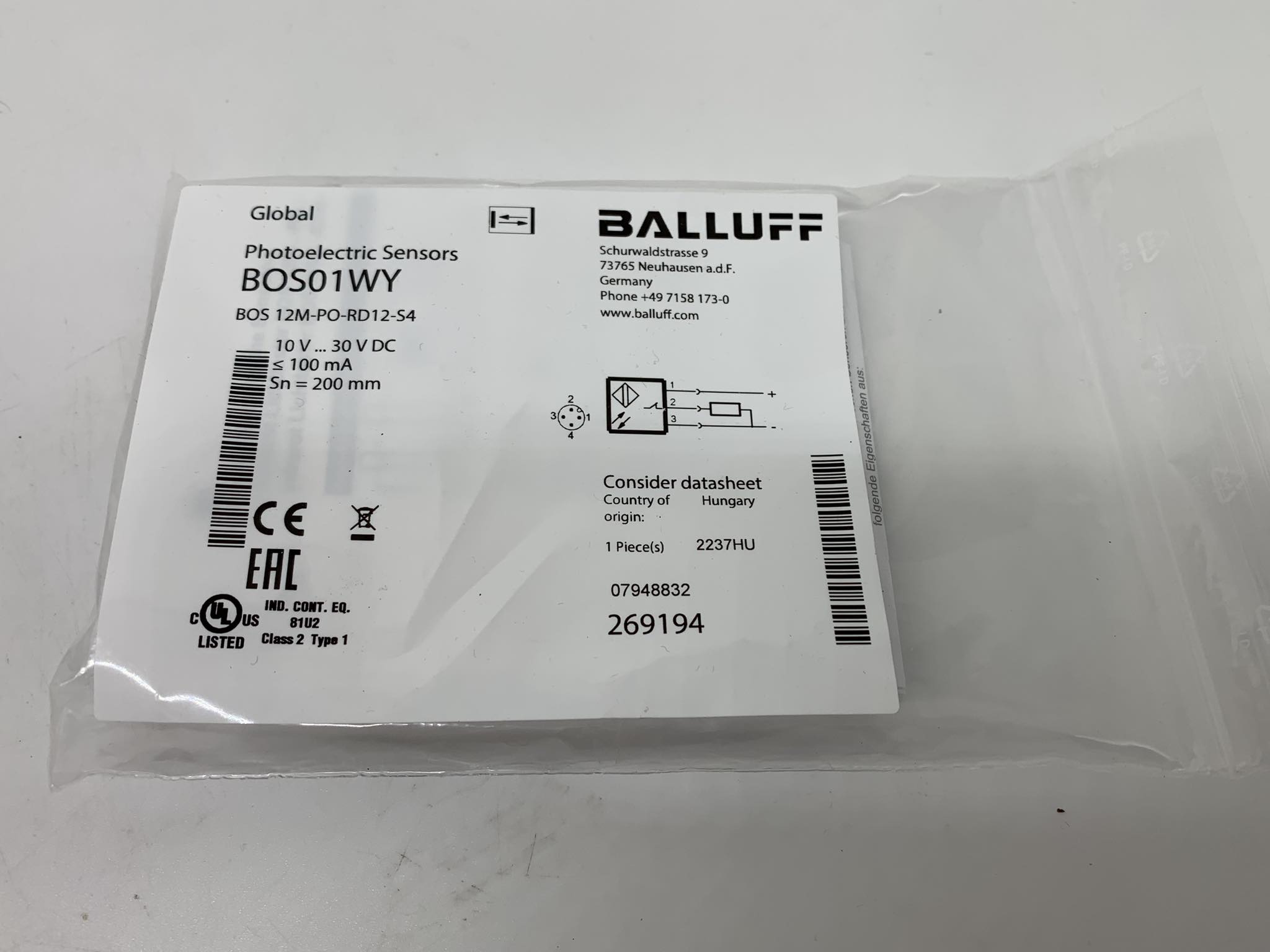 Balluff BOS01WY Cylindrical diffuse sensors with M12 thread and different light types — Allgemeines Zubehör