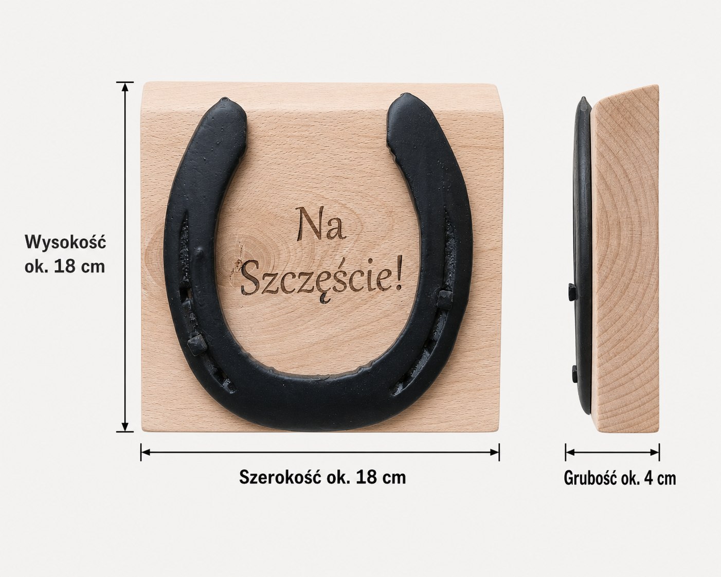 Wymiary bukowej deski z podkową około 18 na 18 centymetrów i grubość 4 centymetry