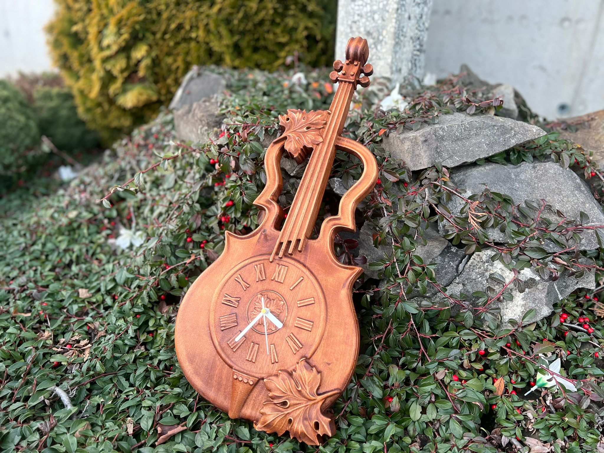 Skrzypce zegar ścienny drewniany w drewnie na prezent muzyka wystrój domu