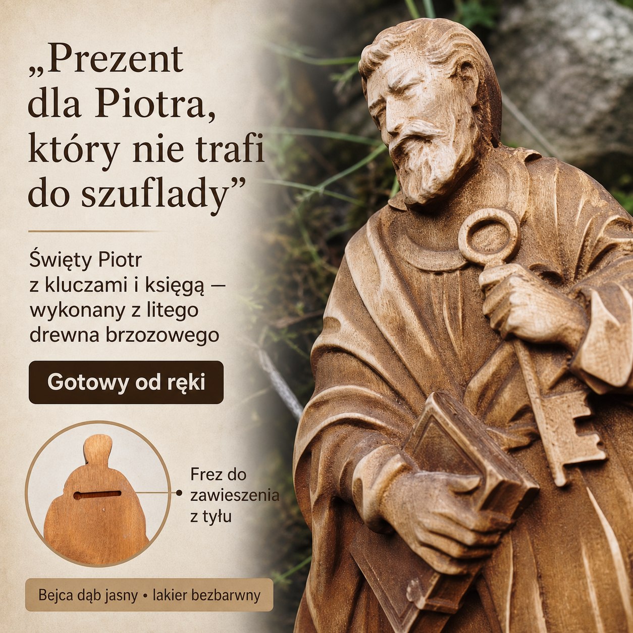 Zbliżenie detali drewnianej płaskorzeźby Świętego Piotra z frezem do zawieszenia