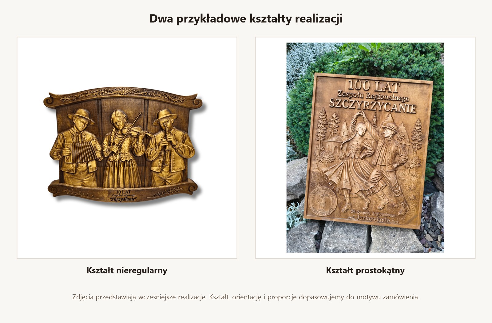 Płaskorzeźba drewniana zespół ludowy personalizowana Dwa przykładowe kształty płaskorzeźby