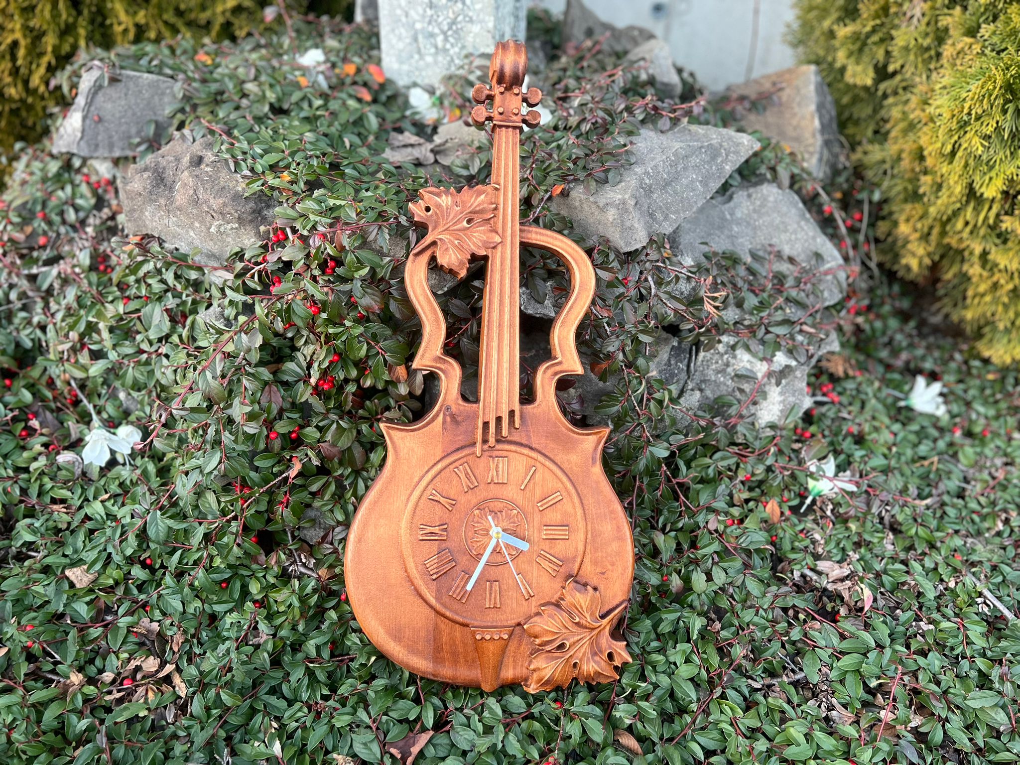 Skrzypce zegar ścienny drewniany w drewnie na prezent muzyka wystrój domu