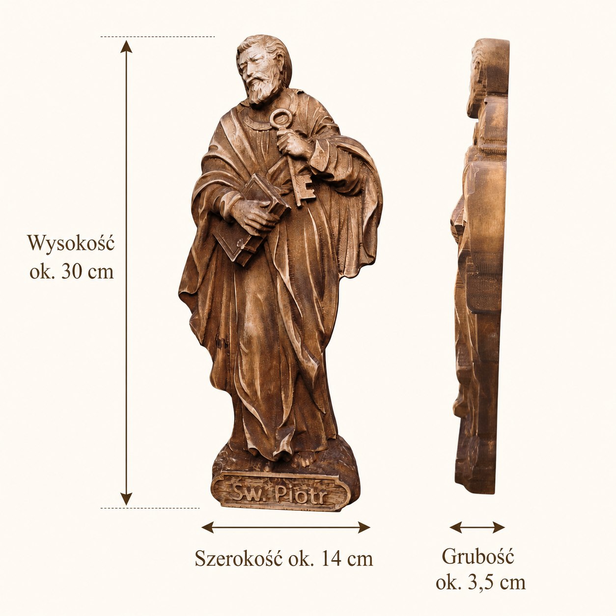Wymiary płaskorzeźby Świętego Piotra około 30 na 14 centymetrów i grubość 3,5 centymetra