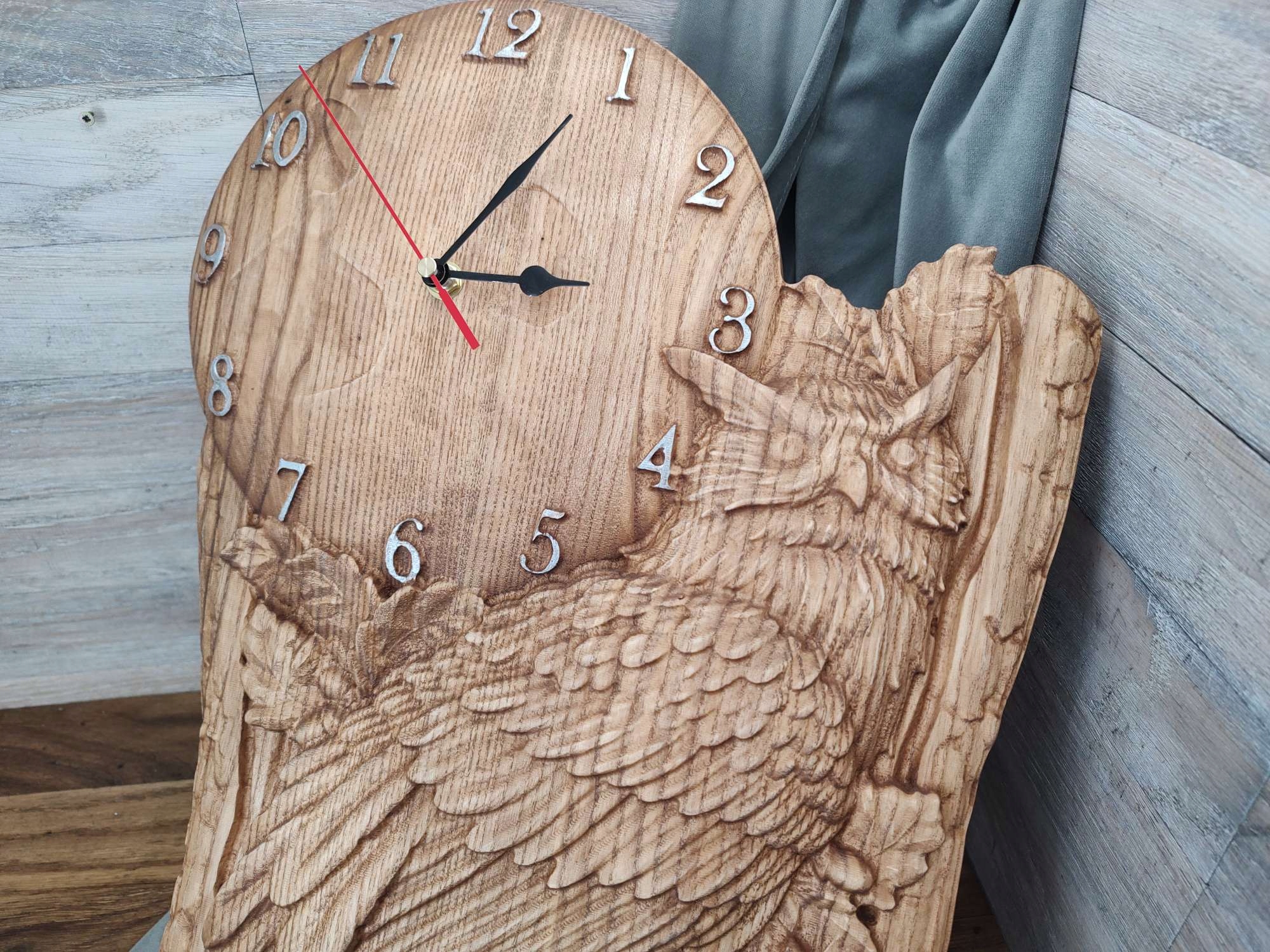 Zegar ścienny drewno z sową na tle księżyca motyw myśliwski 50cm na prezent