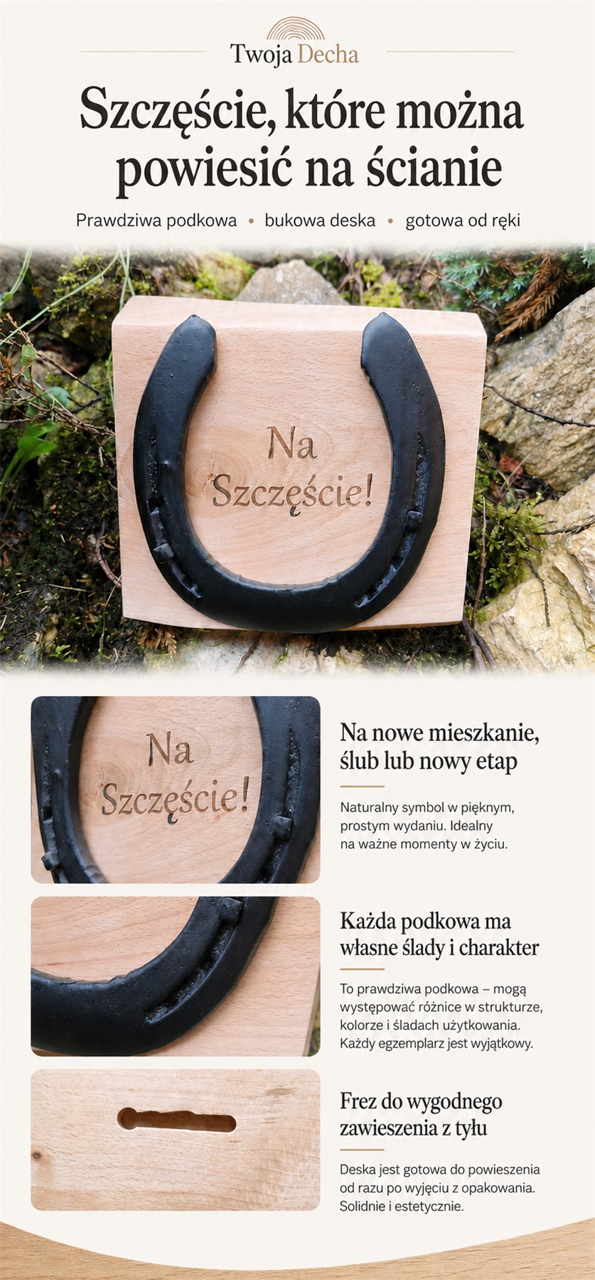 Infografika drewnianej deski z prawdziwą podkową i frezem do wygodnego zawieszenia