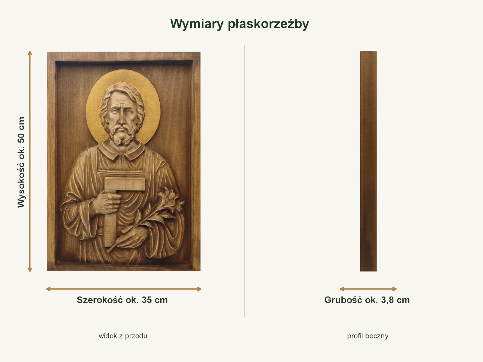 Wysokość, szerokość i grubość drewnianej płaskorzeźby Świętego Józefa