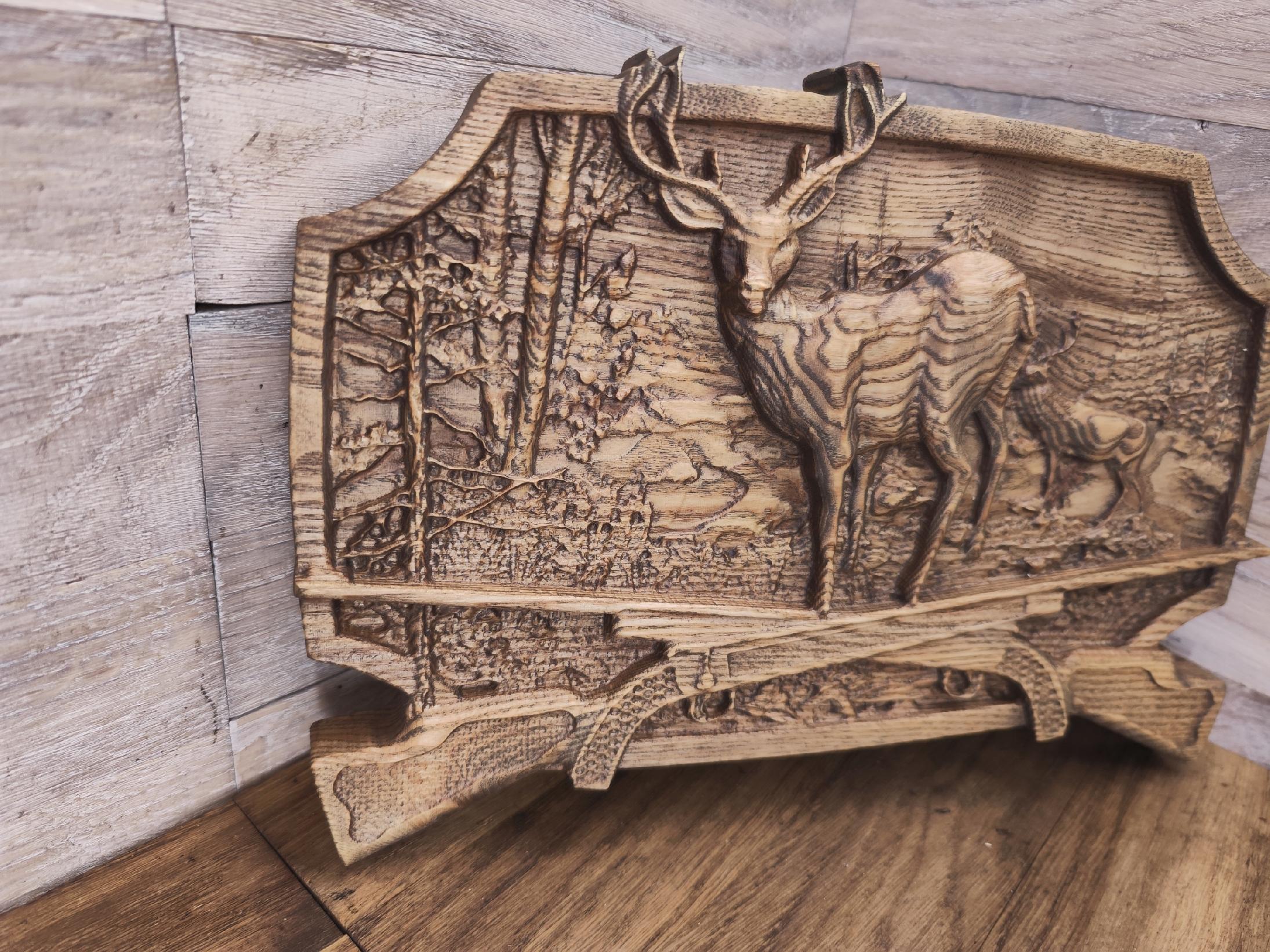 Drewniany Płaskorzeźba las obraz JELEŃ prezent dla myśliwego 34 cm B3ba919bc925364b1a19633e8a300d67