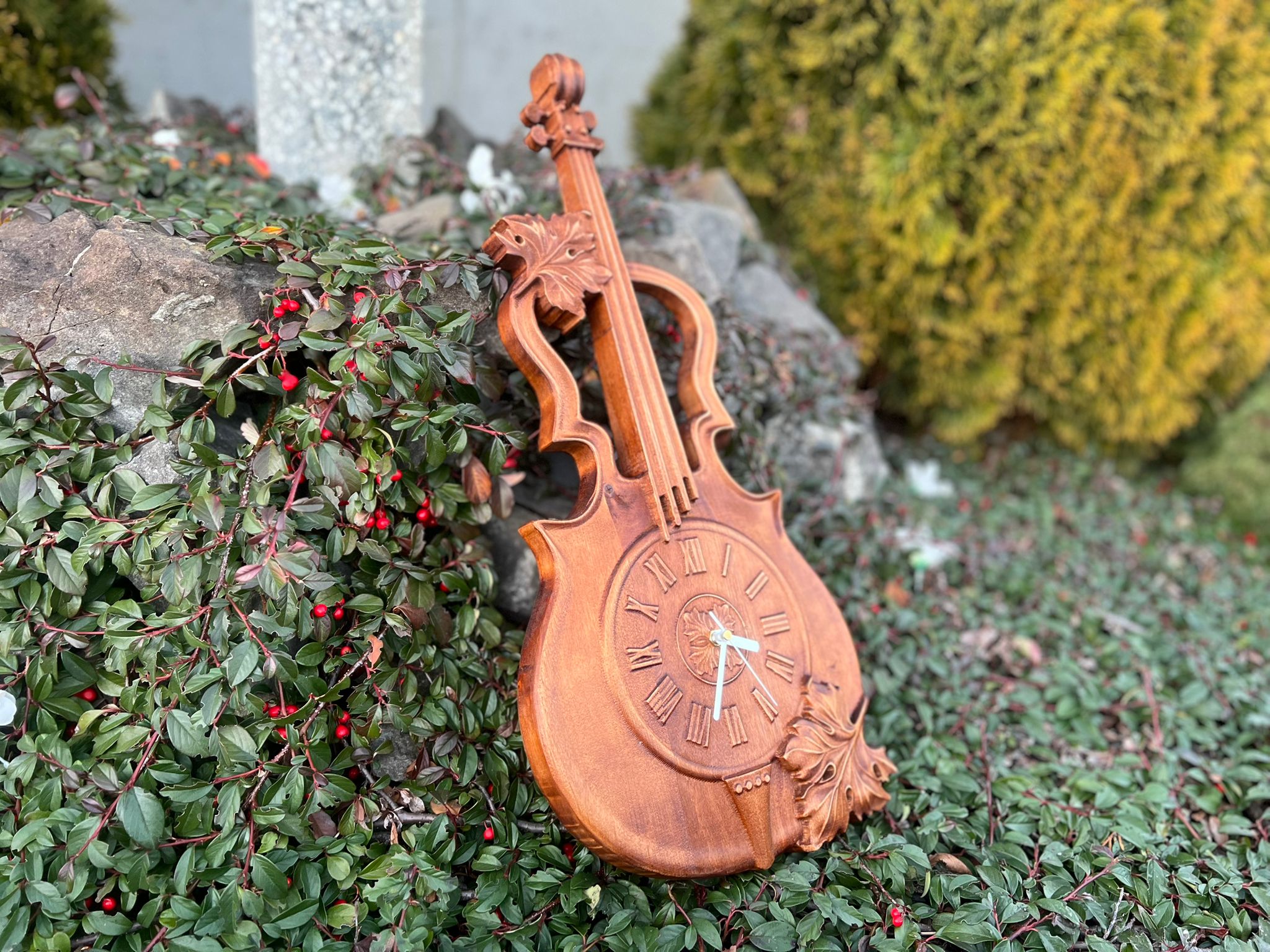 Skrzypce zegar ścienny drewniany w drewnie na prezent muzyka wystrój domu