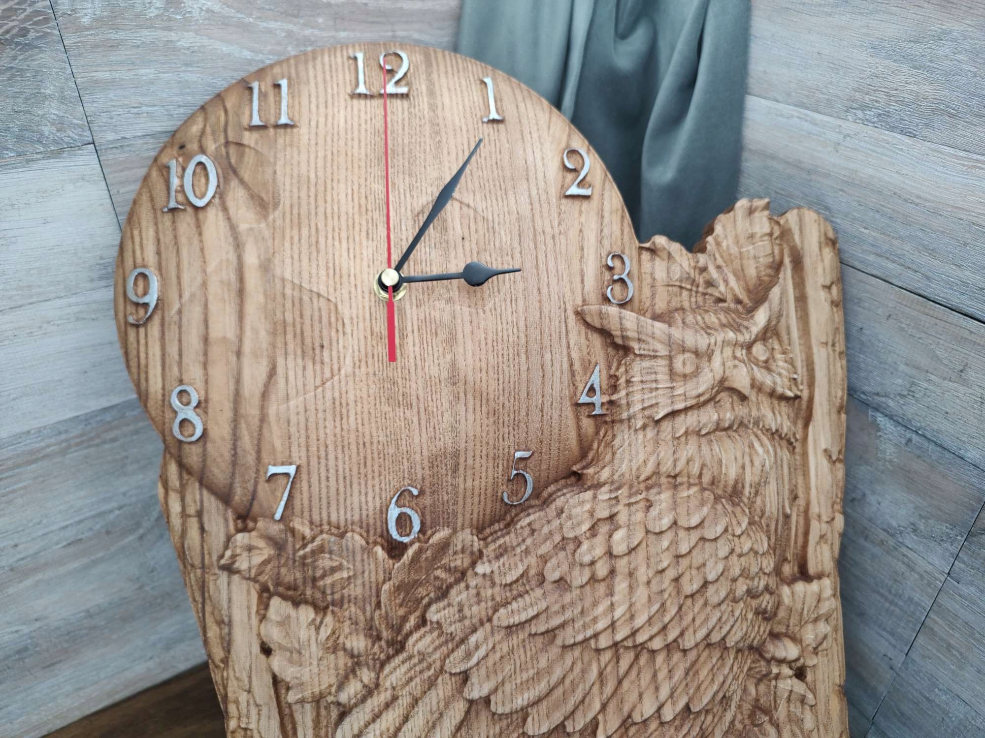 Zegar ścienny drewno z sową na tle księżyca motyw myśliwski 50cm na prezent