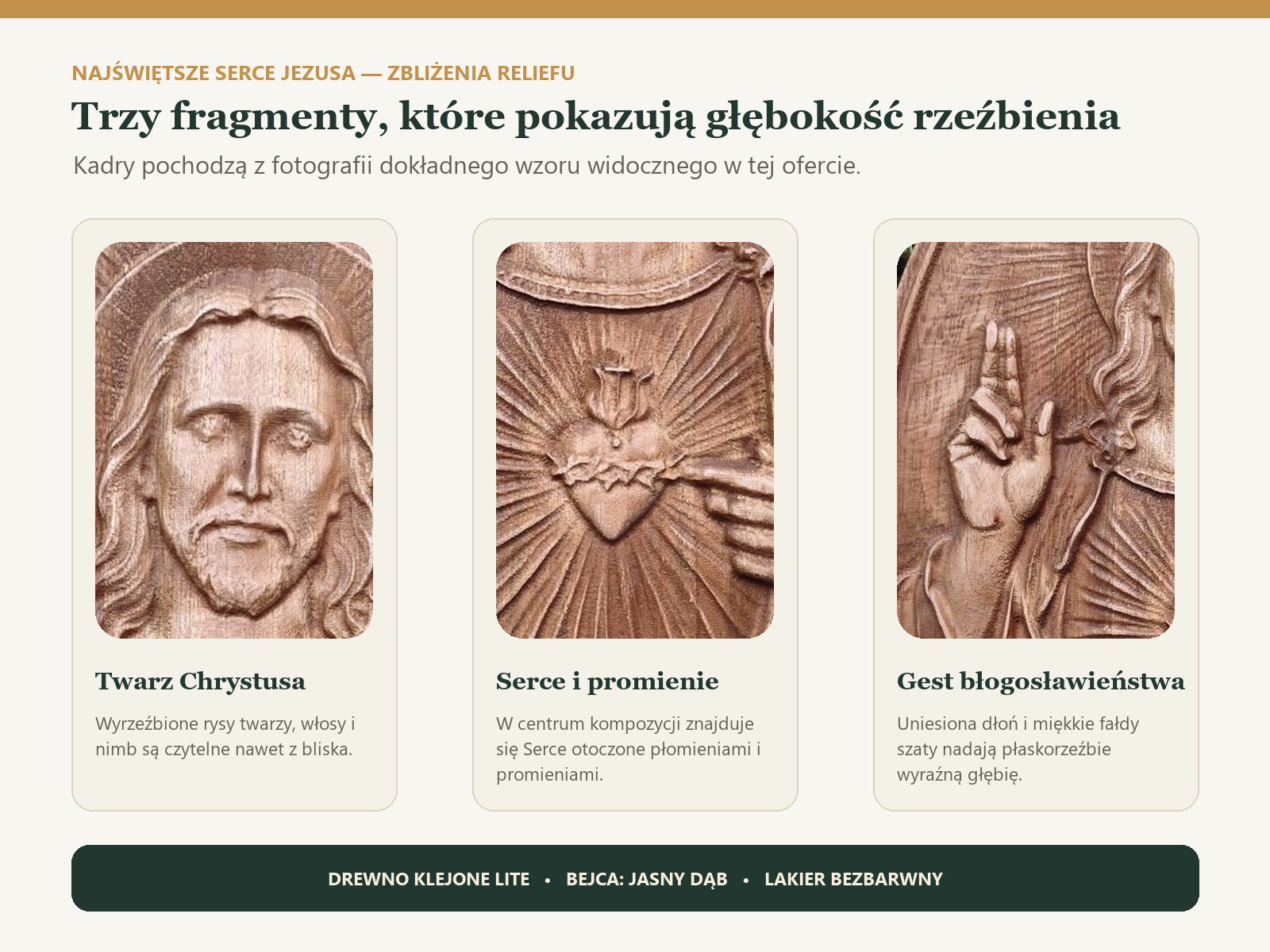Zbliżenia twarzy Chrystusa, Najświętszego Serca i gestu błogosławieństwa w drewnianym reliefie