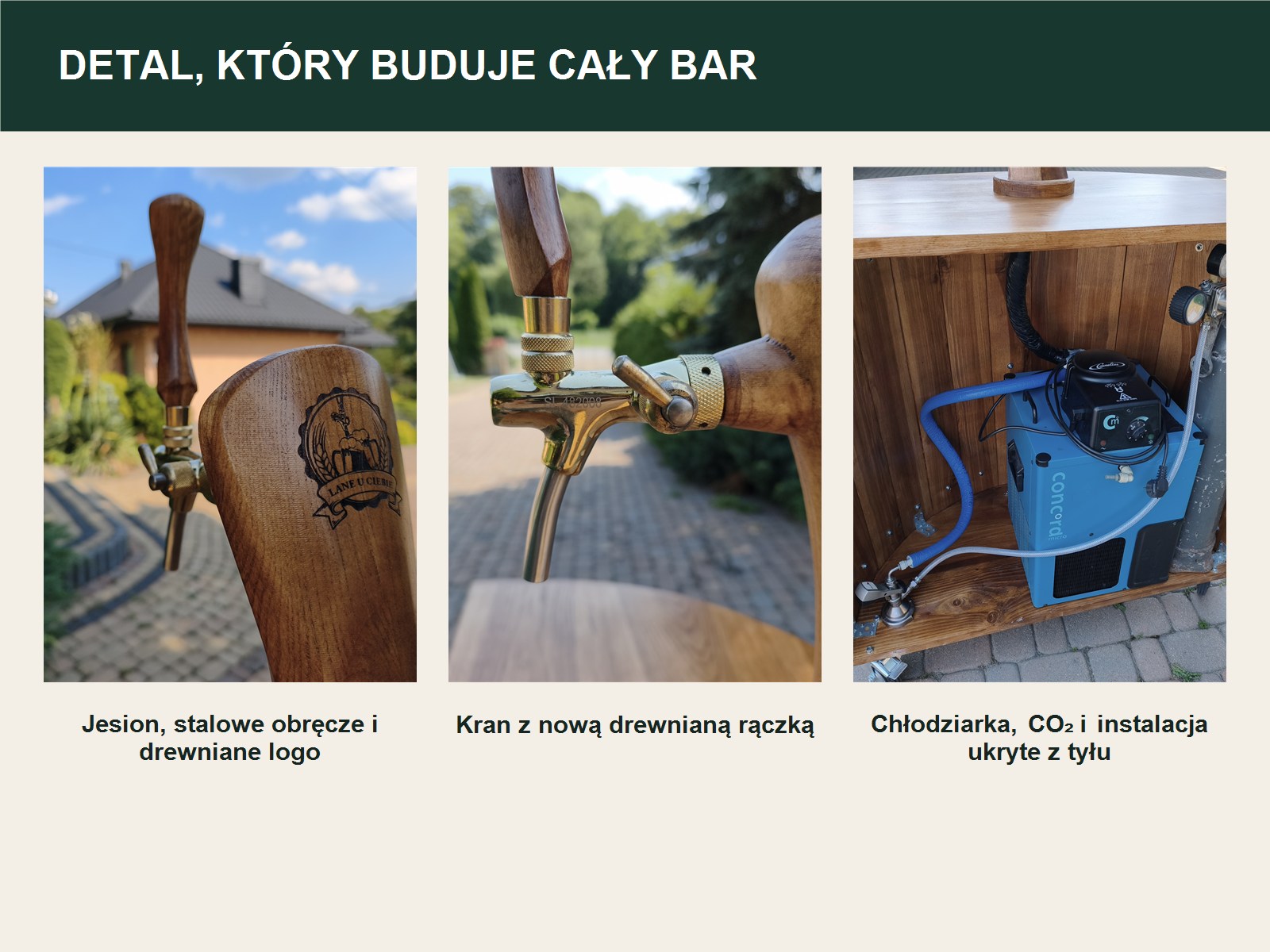 Mobilny rollbar drewniany z chłodziarką i zestawem CO₂ piwo z kija Detale jesionowego rollbaru: drewniana kolumna, kran i chłodziarka
