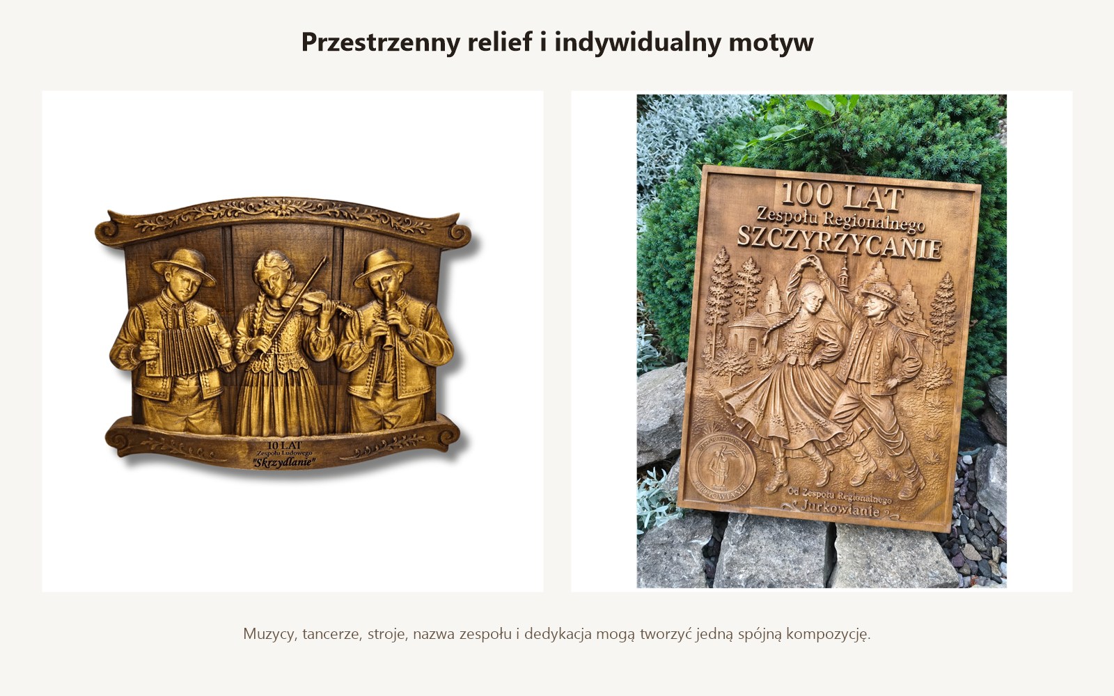 Płaskorzeźba drewniana zespół ludowy personalizowana Detale przestrzennego reliefu w naturalnym drewnie