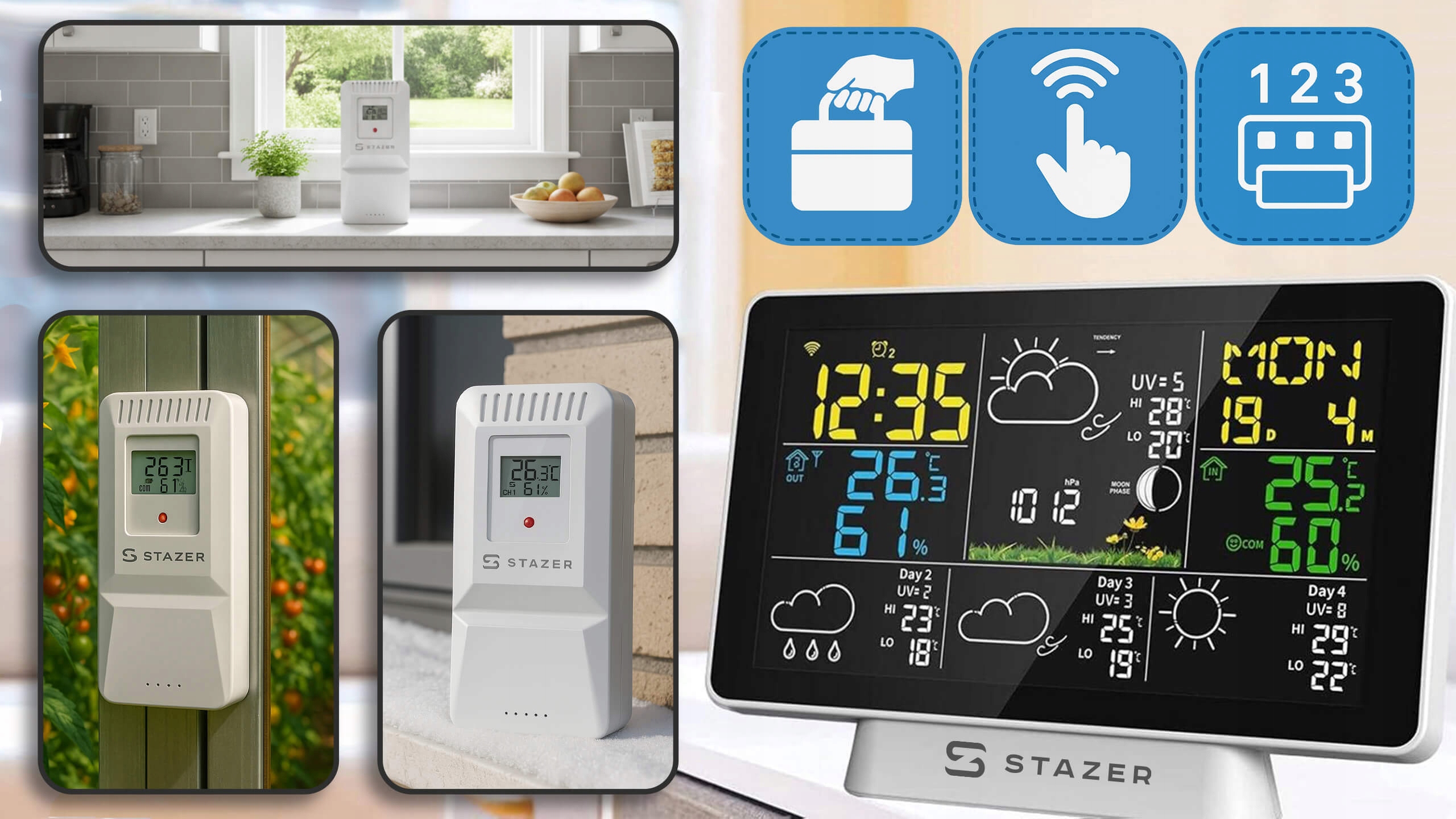 STAZER CLIMATIQ SMART Stacja pogody WiFi Tuya budzik zegar termometr higrometr barometr stacja pogodowa + czujnik