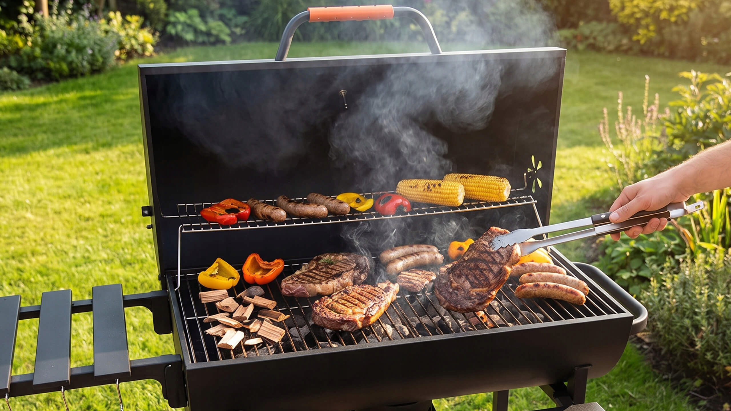 VIBEN FIRETUBE PRO - duży grill węglowy ogrodowy z pokrywą, 2 ruszty, popielnik, termometr, stal, 2 półki