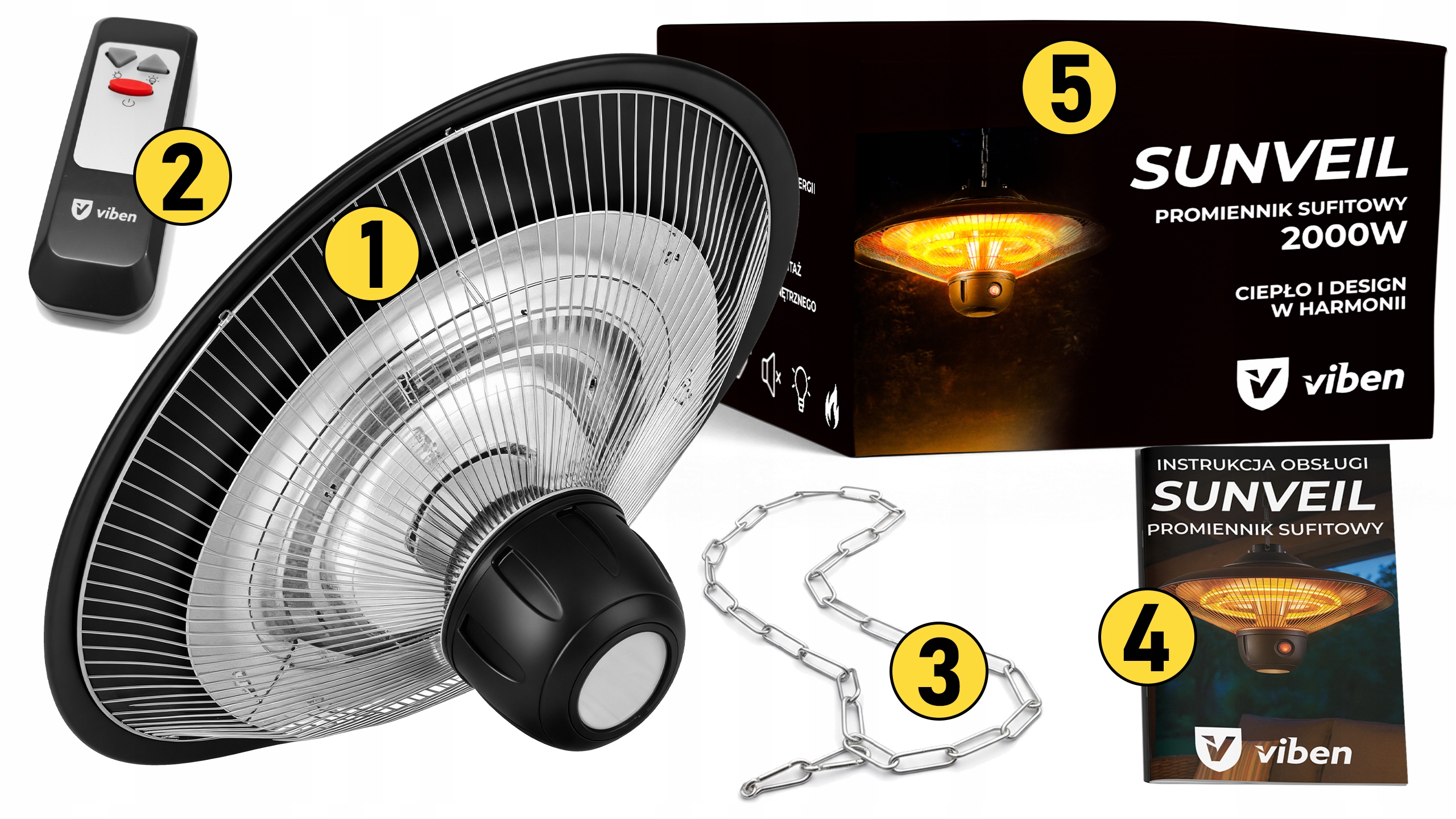vIben SUNVEIL - promiennik sufitowy lampa grzewcza żarnik z pilotem na taras 2000W