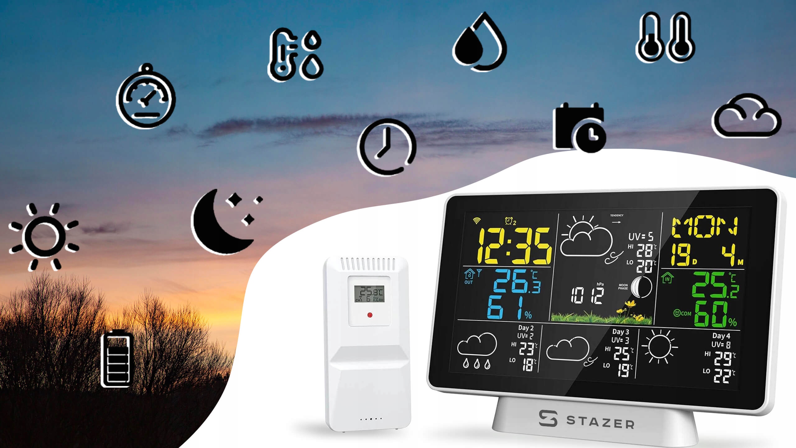 STAZER CLIMATIQ SMART Stacja pogody WiFi Tuya budzik zegar termometr higrometr barometr stacja pogodowa + czujnik
