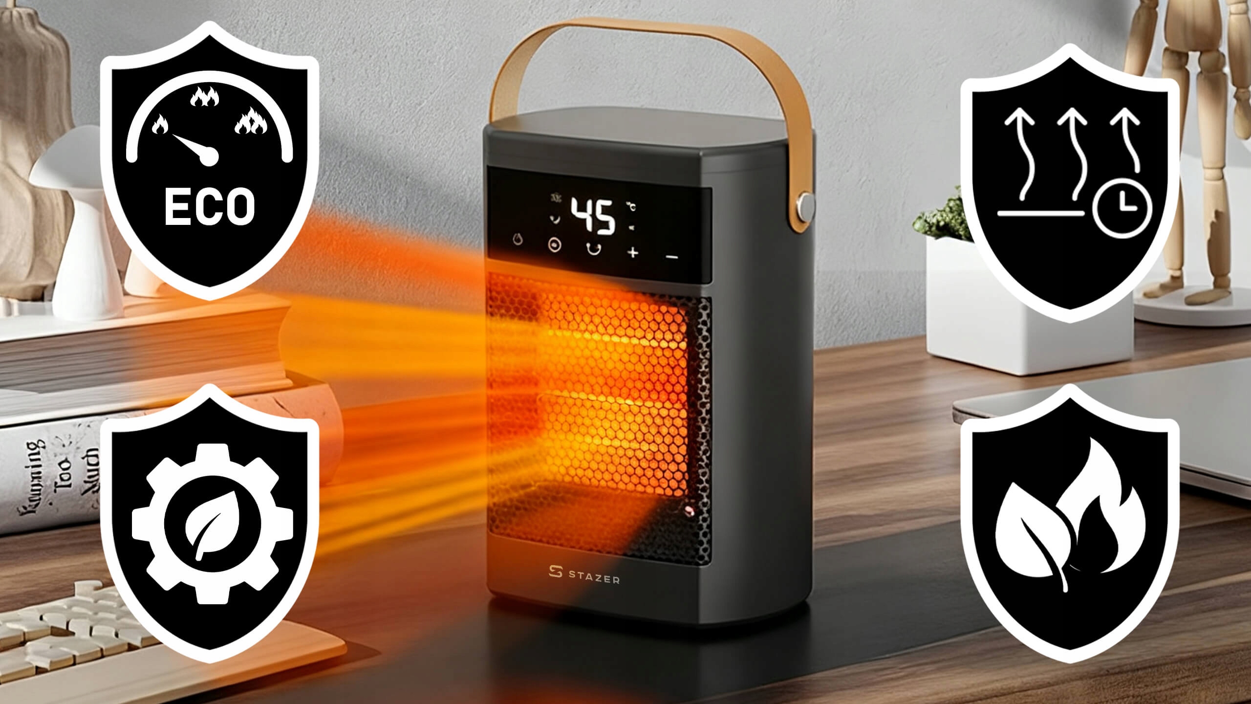 STAZER PowerHeat - Grzejnik Elektryczny Farelka Termowentylator, Nagrzewnica + Pilot, Timer, 1500W