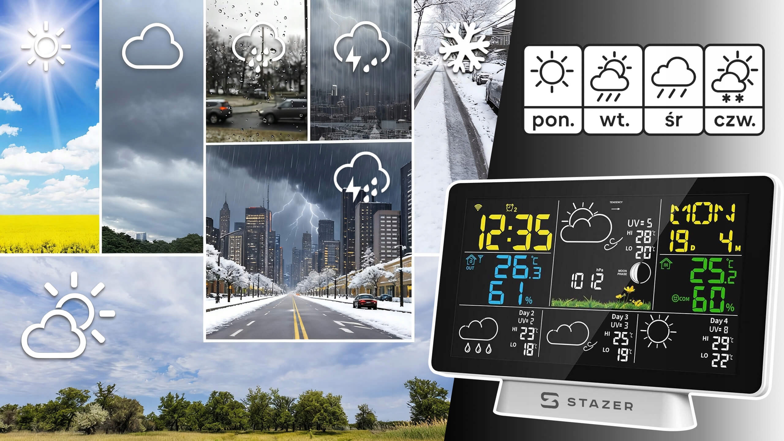 STAZER CLIMATIQ SMART Stacja pogody WiFi Tuya budzik zegar termometr higrometr barometr stacja pogodowa + czujnik