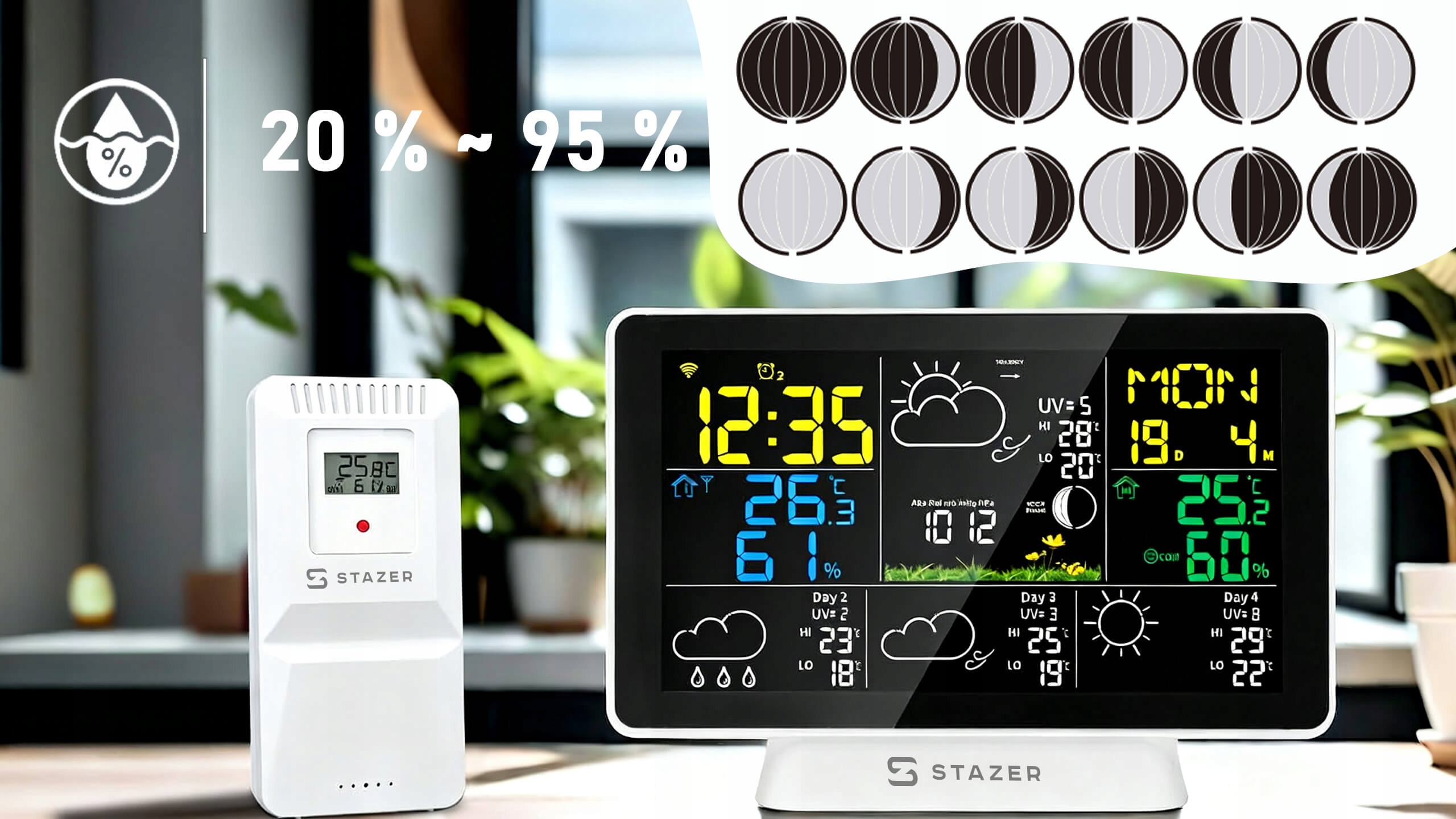 STAZER CLIMATIQ SMART Stacja pogody WiFi Tuya budzik zegar termometr higrometr barometr stacja pogodowa + czujnik