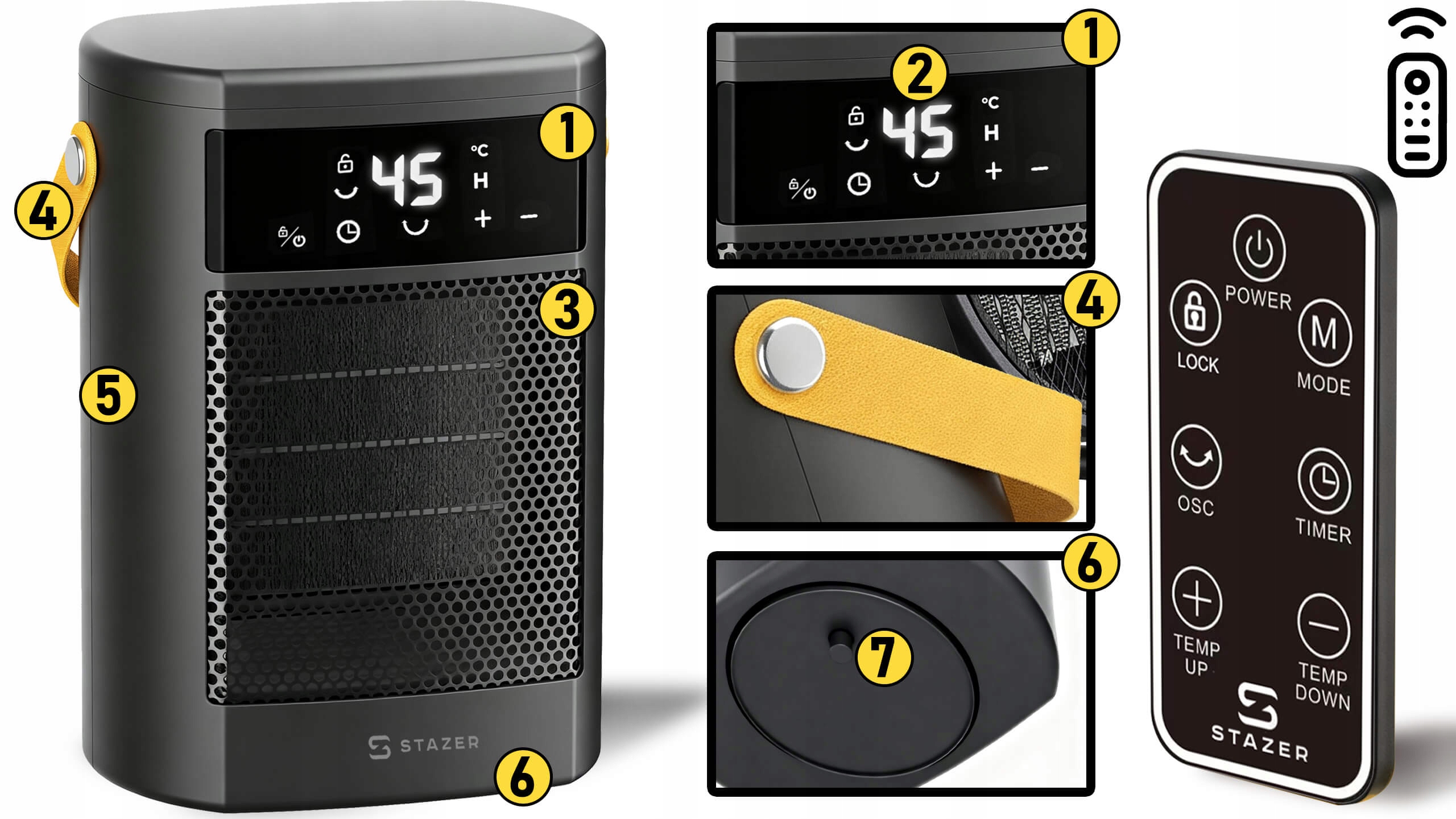 STAZER PowerHeat - Grzejnik Elektryczny Farelka Termowentylator, Nagrzewnica + Pilot, Timer, 1500W