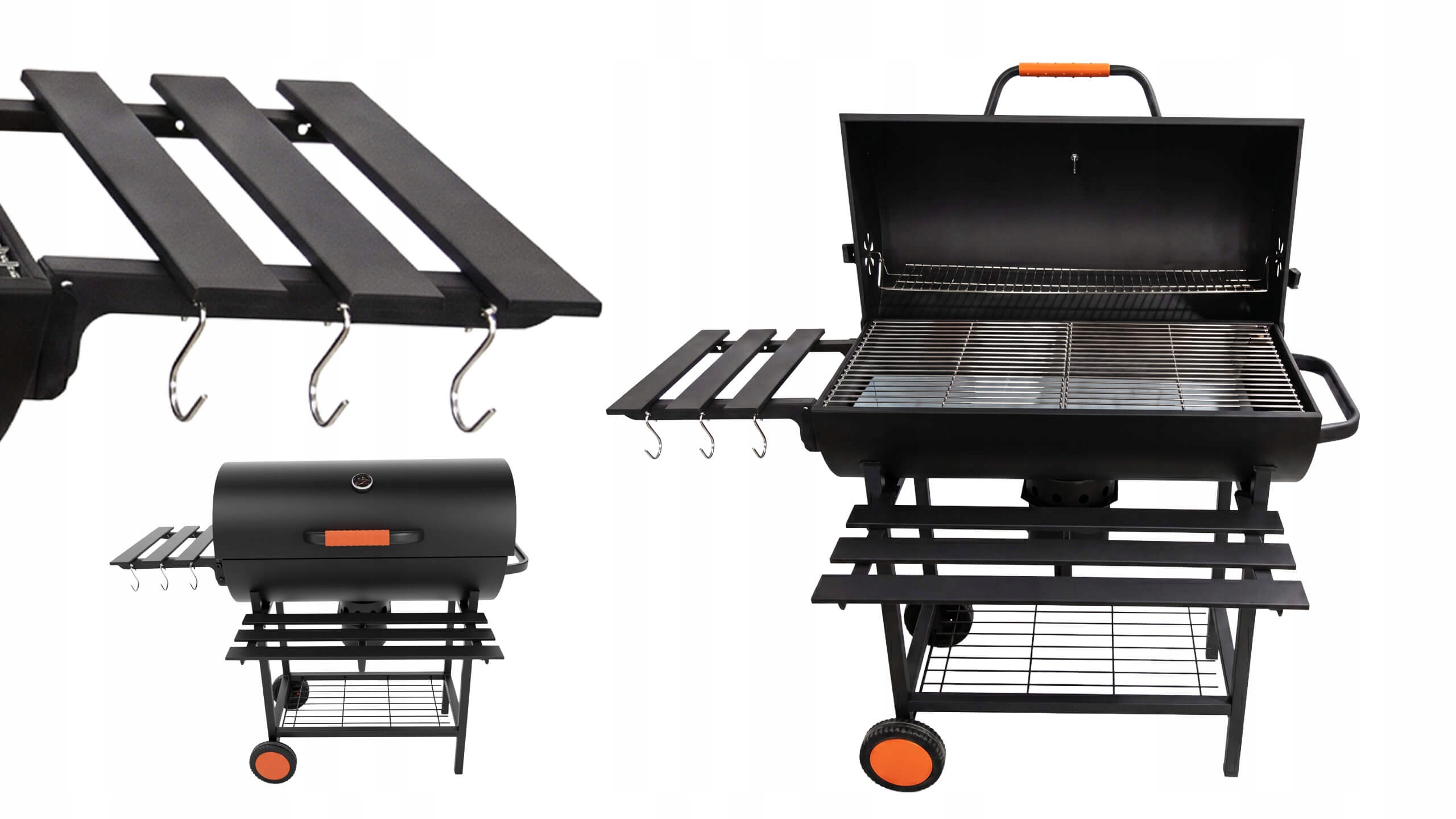 VIBEN FIRETUBE PRO - duży grill węglowy ogrodowy z pokrywą, 2 ruszty, popielnik, termometr, stal, 2 półki